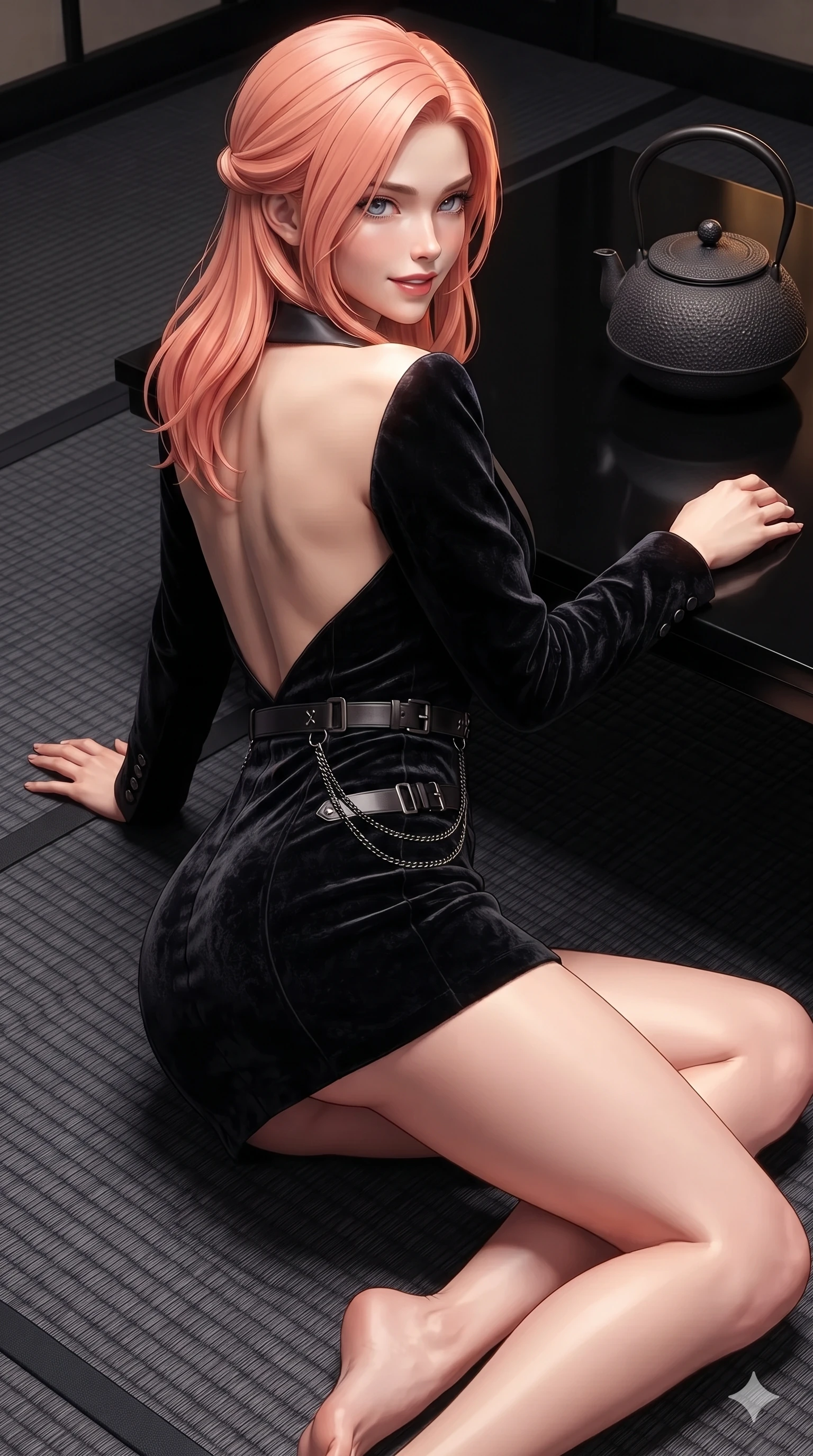 score_9, masterpiece, best quality, ultra-detailed, high-budget anime keyframe, editorial fashion photography, tasteful artistic composition, Japanese woman. close-up cowboy shot from the waist and thighs up, the character dominates the composition, filling the frame with her large presence. posing in an alluring rear three-quarter angle, turning over a bare shoulder with an intoxicating, smoldering gaze while sliding smoothly across the charcoal tatami with feline poise, her long slender legs and curvy hourglass hips commanding the frame. The surrounding environment is rendered in vivid detail and crisp panoramic clarity: sharp woven charcoal tatami mat texture, cast-iron kettle rough pebble surface, and black lacquer table gloss in deep focus. She has an exceptionally elegant, slender, and willowy female figure with an ultra-slim waist, flat toned midriff, narrow ribcage, and sculpted feminine hips creating an alluring, slim hourglass silhouette without bulk. sharp v-shaped jawline, high-bridge nose, intricate jewel-like dark sparkling eyes with hypnotic seductive depth, thick curled eyelashes, glossy parted lips with a natural wine sheen, alluring bedroom-eyes with an enigmatic smoldering smile, exuding magnetic sovereign charisma and dark avant-garde glamour, flawlessly proportioned anatomical accuracy, strict slender model proportions, natural body alignment, perfectly sculpted long slender limbs, ultra-slim waistline, clean dynamic posture without body distortion. wearing a tailored onyx black tux dress with silk lapels and fitted waist in pure obsidian monochrome with subtle metallic sheen, tailored from crushed dark velvet with deep light-absorbing plush texture, framed by dark titanium buckles and silver chain details, accentuating her gracefully sculpted slender torso and statuesque proportions. illuminated by black lacquer table surface bounce and sharp warm-gold rim lights sculpting her razor-sharp jawline, narrow waist, and curvy hips. ultra-reflective glossy finish, specular highlights, metallic sheen, high-contrast stereoscopic depth, volumetric dynamic lighting, 2k, ultra detail, master piece, 9:16 ratio