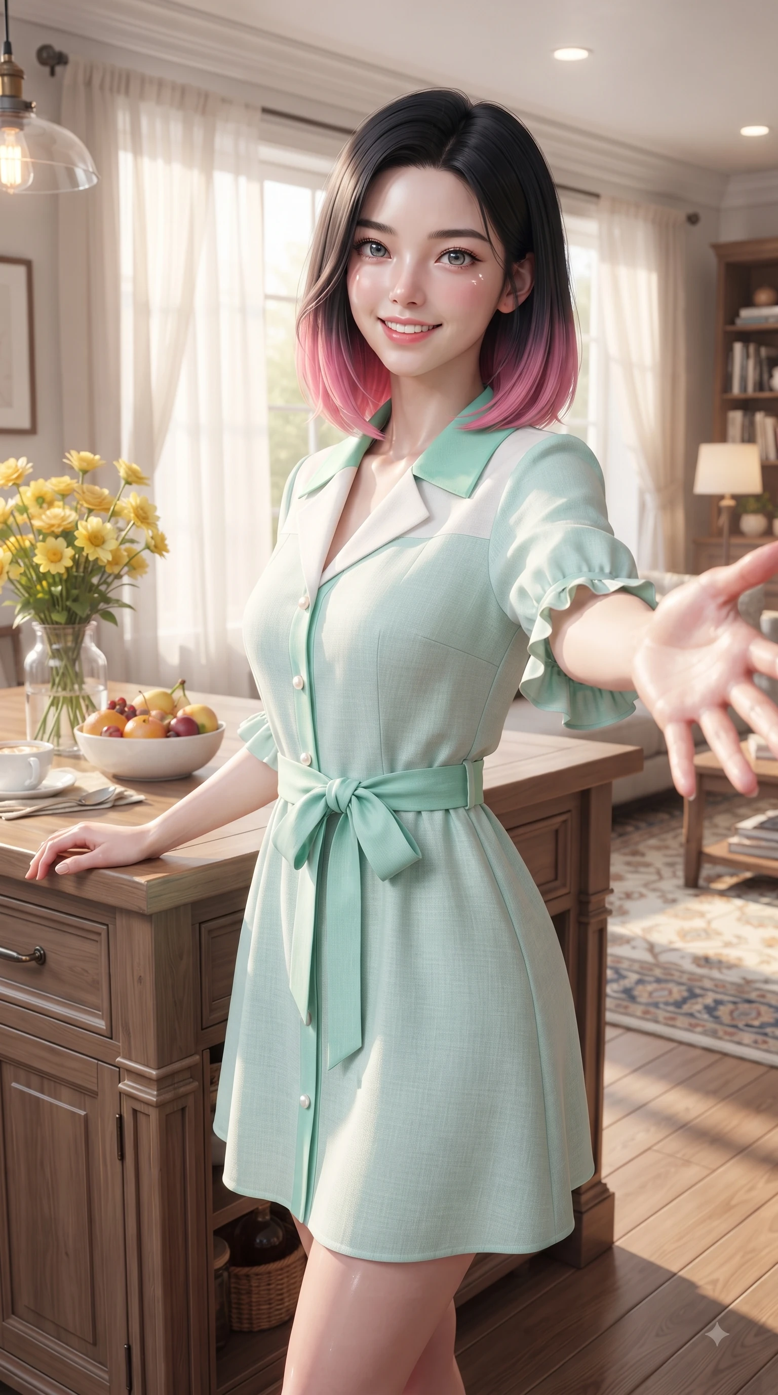 score_9, masterpiece, best quality, ultra-detailed, high-budget anime keyframe, editorial fashion photography, tasteful artistic composition, Korean woman. close-up cowboy shot from the waist and thighs up, the character dominates the composition, filling the frame with her large presence. Fresh enchanting smile, her eyes twinkling like jewels in the bright sunlight as one arm reaches out cheerfully while standing near a wooden kitchen island decorated with fresh yellow flowers and breakfast fruit. The surrounding environment is rendered in vivid detail and crisp panoramic clarity. crisp morning sunbeams streaming through sheer drapes into a beautifully detailed living room space. She has an exceptionally elegant, slender, and willowy female figure with an ultra-slim waist, a gracefully sculpted slender torso, and a refined silhouette. sharp v-shaped jawline, high-bridge nose, intricate jewel-like eyes with depth, thick eyelashes, glossy lips with a natural sheen, flawlessly proportioned anatomical accuracy, natural body alignment, perfectly sculpted elegant limbs, clean dynamic posture without body distortion. wearing a stylish pastel mint trench dress with a tied belt waist and folded collar in refreshing mint green and crisp white, crafted from soft breathable linen, finished with subtle ruffle trims and delicate pearl buttons, the tailored casual silhouette highlighting her fresh and youthful presence. illuminated by cozy ambient indoor glow and clean natural sunlight. ultra-reflective glossy finish, specular highlights, metallic sheen, high-contrast stereoscopic depth, volumetric dynamic lighting, 2k, ultra detail, master piece, 9:16 ratio