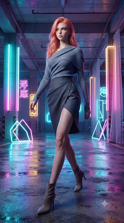 score_9, masterpiece, best quality, ultra-detailed, high-budget anime keyframe, editorial fashion photography, tasteful artistic composition, Japanese woman. low angle full-body shot from head to toe showing her feet, filling the entire 9:16 vertical