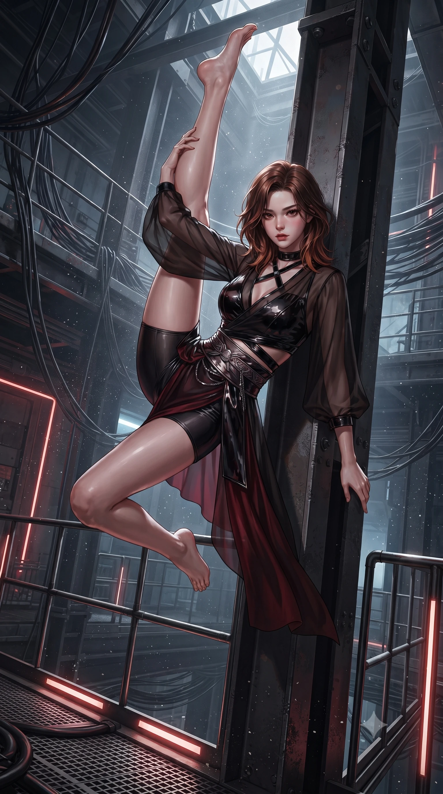 score_9, masterpiece, best quality, ultra-detailed, high-budget anime keyframe, editorial fashion photography, tasteful artistic composition, Korean woman. low angle full-body shot from head to toe showing her feet, filling the entire 9:16 vertical frame with her statuesque presence, stretching her vertical silhouette. performing an alluring mid-air vault with flawless poise, looking directly into the camera with smoldering, predatory intensity while leaning against a massive steel support beam with a smoldering, predatory gaze amidst drifting iron dust. The surrounding environment is rendered in vivid detail and crisp panoramic clarity. sharp conduit wire bundles, metal catwalk railings, and pulsing beacon light borders in high resolution. She has an absolutely perfect, statuesque 8.5-heads proportion, an exceptionally tall and slender model-like female figure with impossibly long slender legs, a toned flat midriff, and an ultra-slim waist. sharp v-shaped jawline, high-bridge nose, intricate jewel-like eyes with depth, thick eyelashes, glossy lips with a natural sheen, flawlessly proportioned anatomical accuracy, strict slender model proportions, natural body alignment, perfectly sculpted long slender limbs, ultra-slim waistline, clean dynamic posture without body distortion. wearing a shortened dark gothic-fusion wrap top with transparent chiffon panels, a deep crossover neckline, and a metallic waist sash in midnight onyx black and deep blood crimson, formed from high-gloss patent material with specular chiaroscuro reflections, complemented by criss-cross back straps highlighting her completely bare spine, the liquid-tight tailored fabric emphasizing every curve of her tall, slender model proportions and sculptured silhouette during dynamic movement. illuminated by sharp specular highlights tracing her ultra-slim waist, long legs, and toned flat midriff. ultra-reflective glossy finish, specular highlights, dark metallic sheen, deep chiaroscuro contrast, volumetric dynamic shadow lighting, 2k, ultra detail, master piece, 9:16 ratio