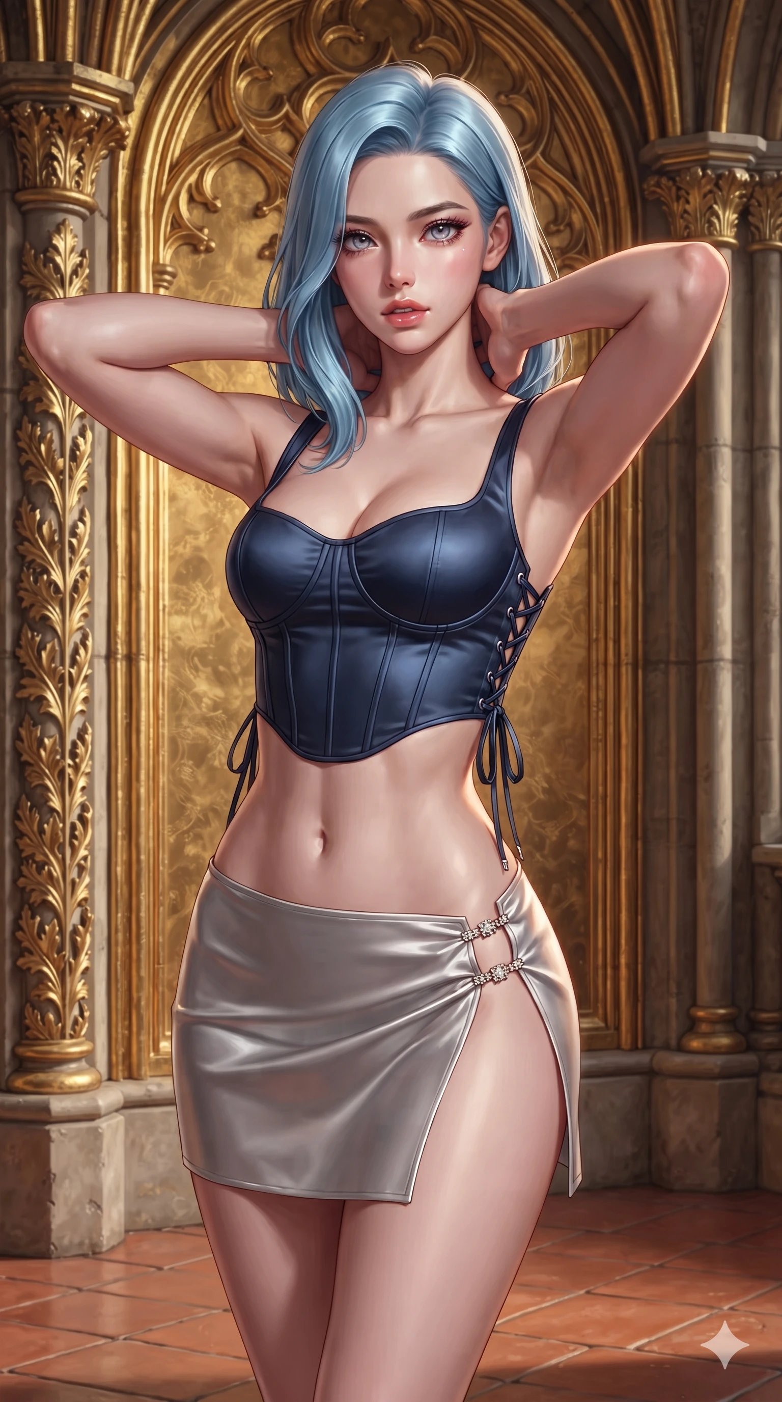 score_9, masterpiece, best quality, ultra-detailed, high-budget anime keyframe, editorial fashion photography, tasteful artistic composition, Korean woman. close-up cowboy shot from the waist and thighs up, the character dominates the composition, filling the frame with her large presence. resting both hands lightly behind her neck with elbows raised, arching her spine to highlight her narrow waist, flat midriff, and breathtaking collarbones while standing poised within the gilded gothic loggia, arching her lower back with sovereign supermodel grace as morning sun strikes the gold-leaf wall tracery. The surrounding environment is rendered in vivid detail and crisp panoramic clarity: sharp carved gothic leaf scrollwork, weathered gold-foil flecks on stone, and crisp water ripple textures in deep focus. She has an exceptionally elegant, slender, and willowy female figure with an ultra-slim waist, flat toned midriff, narrow ribcage, and sculpted feminine hips creating an alluring, slim hourglass silhouette without bulk. sharp v-shaped jawline, high-bridge nose, intricate jewel-like sparkling eyes with depth, thick eyelashes, glossy parted lips with a natural sheen, intensely captivating and seductive bedroom-eyes expression, exuding both youthful cute charm and sovereign luxury allure, flawlessly proportioned anatomical accuracy, strict slender model proportions, natural body alignment, perfectly sculpted long slender limbs, ultra-slim waistline, clean dynamic posture without body distortion. wearing a sculpted matte satin underwire crop corset with lace-up side ties paired with a low-rise micro skirt in midnight sapphire blue and liquid platinum, tailored from smooth liquid silk satin that clings smoothly to her narrow waist and rounded hips with a dewy sheen, finished with an ultra-high side slit secured by miniature jeweled clasps, the high-slit wrap tailoring accentuating her ultra-slim waistline and the enchanting curve of her feminine hips with alluring seductive charm. illuminated by terracotta floor bounce and sharp champagne-gold rim lights defining her razor-sharp jawline, narrow waist, and curvy hips. ultra-reflective glossy finish, specular highlights, rich textural contrasts, high-contrast stereoscopic depth, volumetric dynamic lighting, 2k, ultra detail, master piece, 9:16 ratio