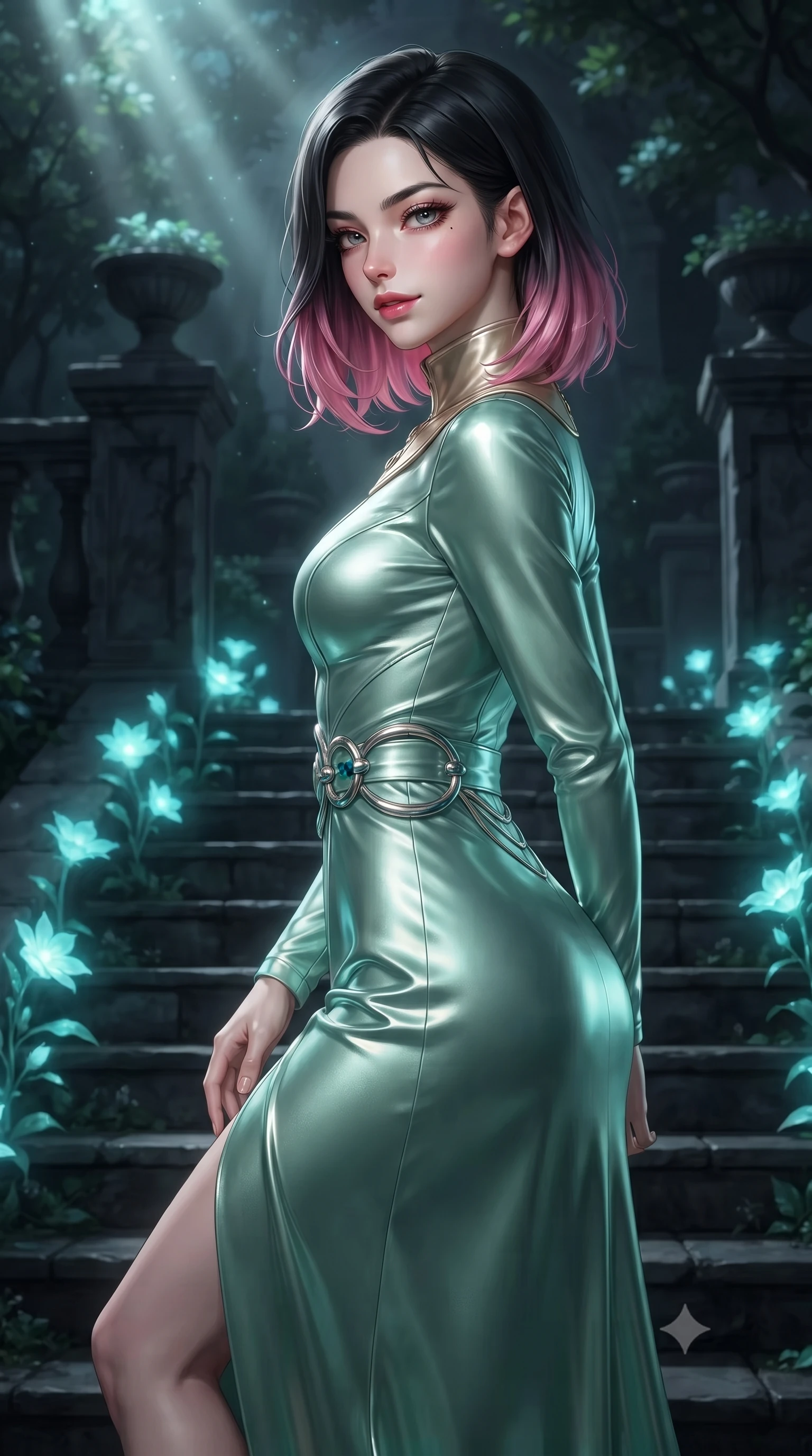 score_9, masterpiece, best quality, ultra-detailed, high-budget anime keyframe, editorial fashion photography, tasteful artistic composition, Korean woman. close-up cowboy shot from the waist and thighs up, the character dominates the composition, filling the frame with her large presence, background elements kept in soft focus. Glancing sidelong over her shoulder with a smoldering half-smile, ascending dark stone terrace steps lined with glowing white flora, dark stone architecture and shadowy garden trees in soft background focus. She has an exceptionally elegant, slender, and willowy female figure with an ultra-slim waist, a gracefully sculpted slender torso, and a refined silhouette. sharp v-shaped jawline, high-bridge nose, intricate jewel-like eyes with depth, thick eyelashes, glossy lips with a natural sheen. wearing long-sleeved seafoam green satin gown with high structured collar in champagne gold, made of liquid mercury jersey, accented with sculpted opal chrome rings at the waist, accentuating her gracefully sculpted slender torso. illuminated by soft bioluminescent turquoise light from moonflowers and silver moonbeams. ultra-reflective glossy finish, specular highlights, metallic sheen, high-contrast stereoscopic depth, volumetric dynamic lighting, 2k, ultra detail, master piece, 9:16 ratio