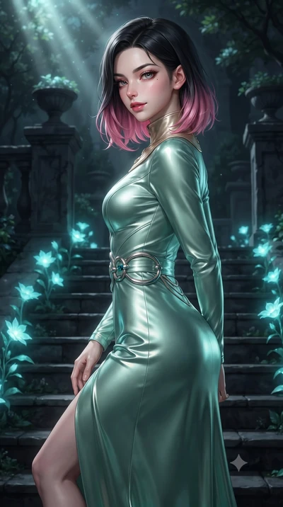 score_9, masterpiece, best quality, ultra-detailed, high-budget anime keyframe, editorial fashion photography, tasteful artistic composition, Korean woman. close-up cowboy shot from the waist and thighs up, the character dominates the composition, fi