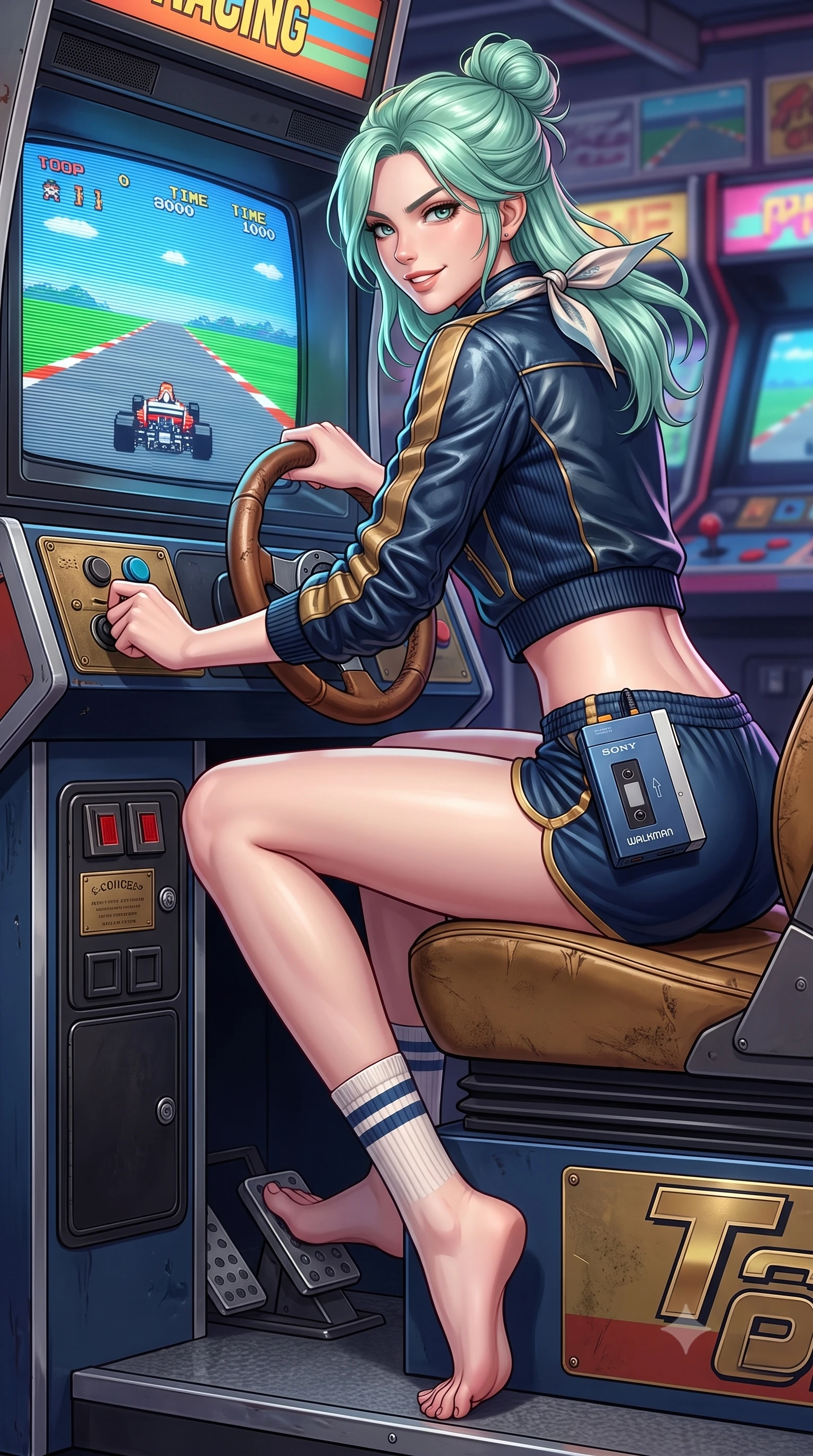 score_9, masterpiece, best quality, ultra-detailed, high-budget anime keyframe, semi-realistic 3D game render, editorial fashion photography, tasteful artistic composition, Japanese woman. low angle full-body shot from head to toe showing her feet, filling the entire 9:16 vertical frame with her statuesque presence, stretching her vertical silhouette. stepping forward gracefully in mid-motion, displaying her toned flat midriff and flawlessly sculpted slender limbs while sitting on a coin-op racing game seat with steering wheel in hand, looking over her shoulder with an energetic, competitive grin. The surrounding environment is rendered in vivid detail and crisp panoramic clarity. sharp CRT monitor scanlines, coin-op joystick and button details, and retro Walkman metallic casing in deep focus. She has an absolutely perfect, statuesque 8.5-heads proportion, an exceptionally tall and slender model-like female figure with impossibly long slender legs, a toned flat midriff, and an ultra-slim waist. sharp v-shaped jawline, high-bridge nose, intricate jewel-like eyes with depth, thick eyelashes, glossy lips with a natural sheen, captivating and magnetic expression, flawlessly proportioned anatomical accuracy, strict slender model proportions, natural body alignment, perfectly sculpted long slender limbs, ultra-slim waistline, clean dynamic posture without body distortion. wearing a sporty 80s retro track jacket paired with high-waisted dolphin running shorts and tube socks in deep navy blue and vintage brass gold, crafted from distressed supple genuine leather and soft ribbed cotton knit, complemented by a delicate silk scarf tied playfully around her neck, the form-contouring material adhering flawlessly to her sculpted flat midriff and slender torso, emphasizing her long leg lines and perfectly proportioned willowy build. illuminated by crisp directional highlights defining her toned midriff, slender waist, and long legs. highly saturated vibrant anime colors, detailed shading with soft gradients, rich glossy textures, high-contrast stereoscopic depth, volumetric dynamic lighting, master piece, 9:16 ratio