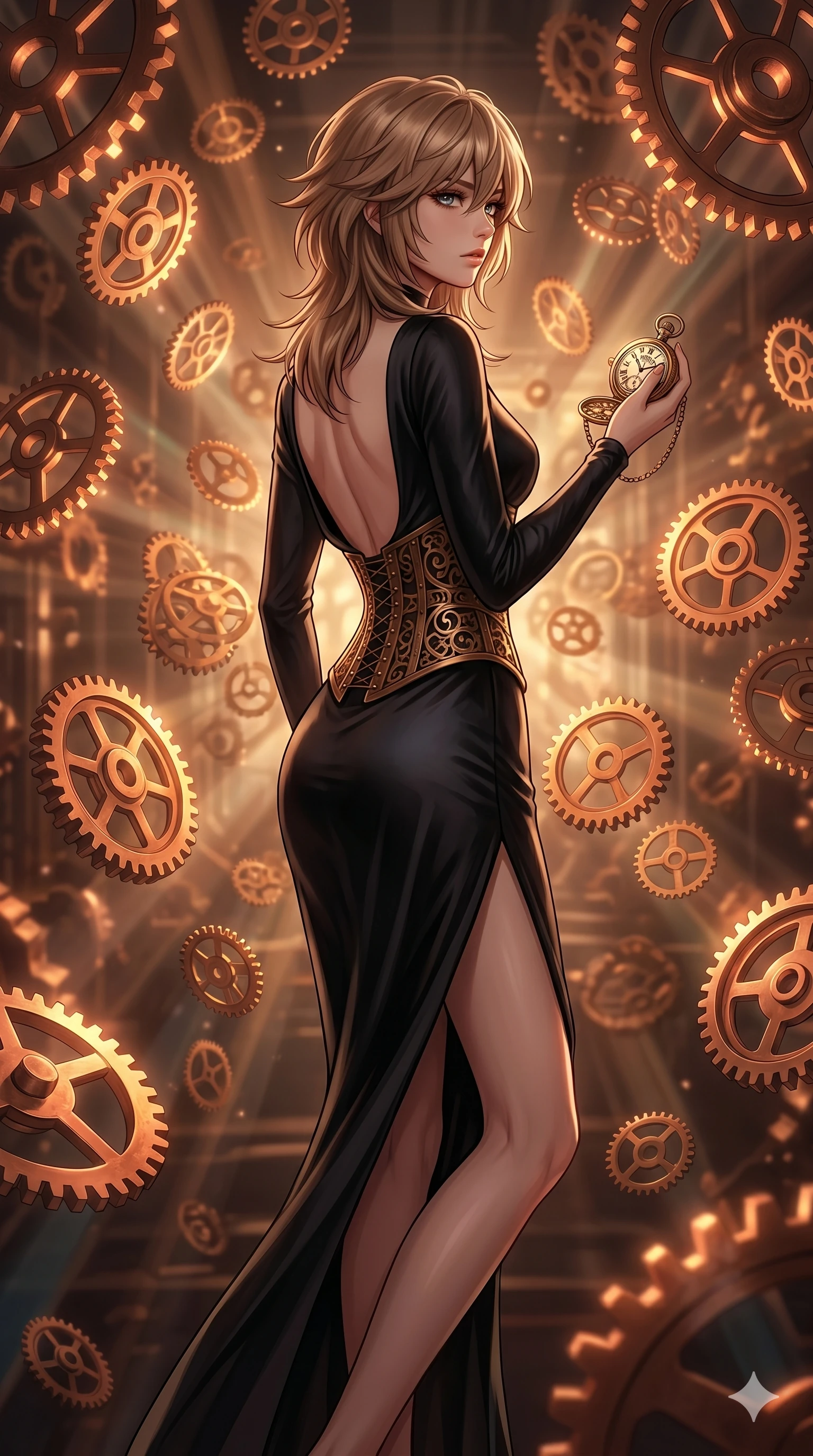 score_9, masterpiece, best quality, ultra-detailed, high-budget anime keyframe, editorial fashion photography, tasteful artistic composition, Japanese woman. cowboy shot from the thighs up, character and outfit filling the frame for maximum editorial presence. holding a golden pocket watch, looking past the camera with a thoughtful, focused expression inside a temporal rift room with floating antique gears (Code-P16-082). She has an absolutely perfect 8-heads proportion, an exceptionally tall and slender female figure with impossibly long slender legs and an ultra-slim waist. V-shaped jawline, high-bridge nose, intricate jewel-like eyes with depth, thick eyelashes, glossy lips with a natural sheen. wearing a structured bronze gear corset over a black silk dress with a scooped open back. amber and copper light rays refracting through the gears, creating deep dramatic shadows. 2k, ultra detail, master piece, 9:16 ratio