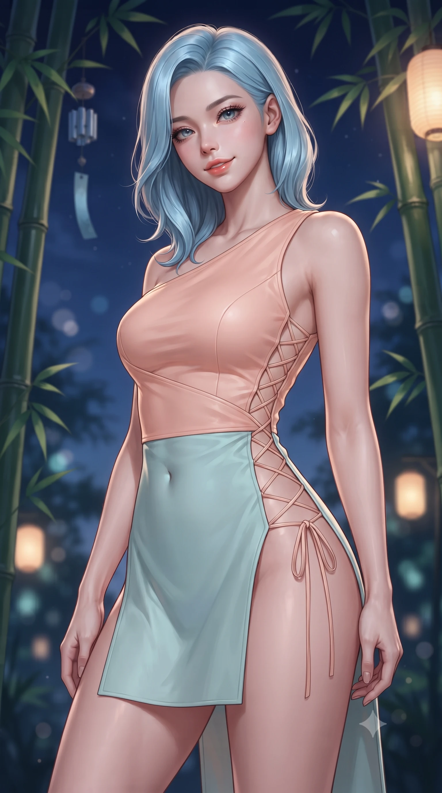 score_9, masterpiece, best quality, ultra-detailed, high-budget anime keyframe, editorial fashion photography, tasteful artistic composition, Korean woman. close-up cowboy shot from the waist and thighs up, the character dominates the composition, filling the frame with her large presence. tilting her head with a teasing half-smile, running one hand slowly down the side of her hip in a flirtatious S-curve as ambient light caresses her silhouette while standing poised between towering bamboo stalks with hips cocked back, arching her spine with seductive dancer grace under the midnight sky. The background shows a soft-focus swaying emerald bamboo leaves, wind chimes, and deep indigo night sky blurred into seafoam, charcoal, and silver bokeh. She has an exceptionally elegant, slender, and willowy female figure with an ultra-slim waist, flat toned midriff, narrow ribcage, and sculpted feminine hips creating an alluring, slim hourglass silhouette without bulk. sharp v-shaped jawline, high-bridge nose, sparkling eyes with hypnotic seductive depth, thick curled eyelashes, glossy parted lips with a natural dewy peach sheen, alluring bedroom-eyes with an enchanting coquettish smile, exuding magnetic siren charisma and sophisticated glamour, flawlessly proportioned anatomical accuracy, strict slender model proportions, natural body alignment, perfectly sculpted long slender limbs, ultra-slim waistline, clean dynamic posture without body distortion. wearing an asymmetric one-shoulder modern hanbok tunic with dramatic side hip slit and delicate waist ribbons in pastel peach blossom and celadon porcelain blue, woven from buttery-soft stretch lambskin leather adhering to her body like a second skin, featuring fine criss-cross lace-up side ties revealing tantalizing glimpses of her hip curve, the high-slit wrap tailoring accentuating her ultra-slim waistline and the enchanting curve of her feminine hips with alluring seductive charm. illuminated by soft lantern warm fill and sharp silvery rim lighting defining her collarbones, flat midriff, and curvaceous hips. ultra-reflective glossy finish, specular highlights, rich textural contrasts, high-contrast stereoscopic depth, volumetric dynamic lighting, 2k, ultra detail, master piece, 9:16 ratio