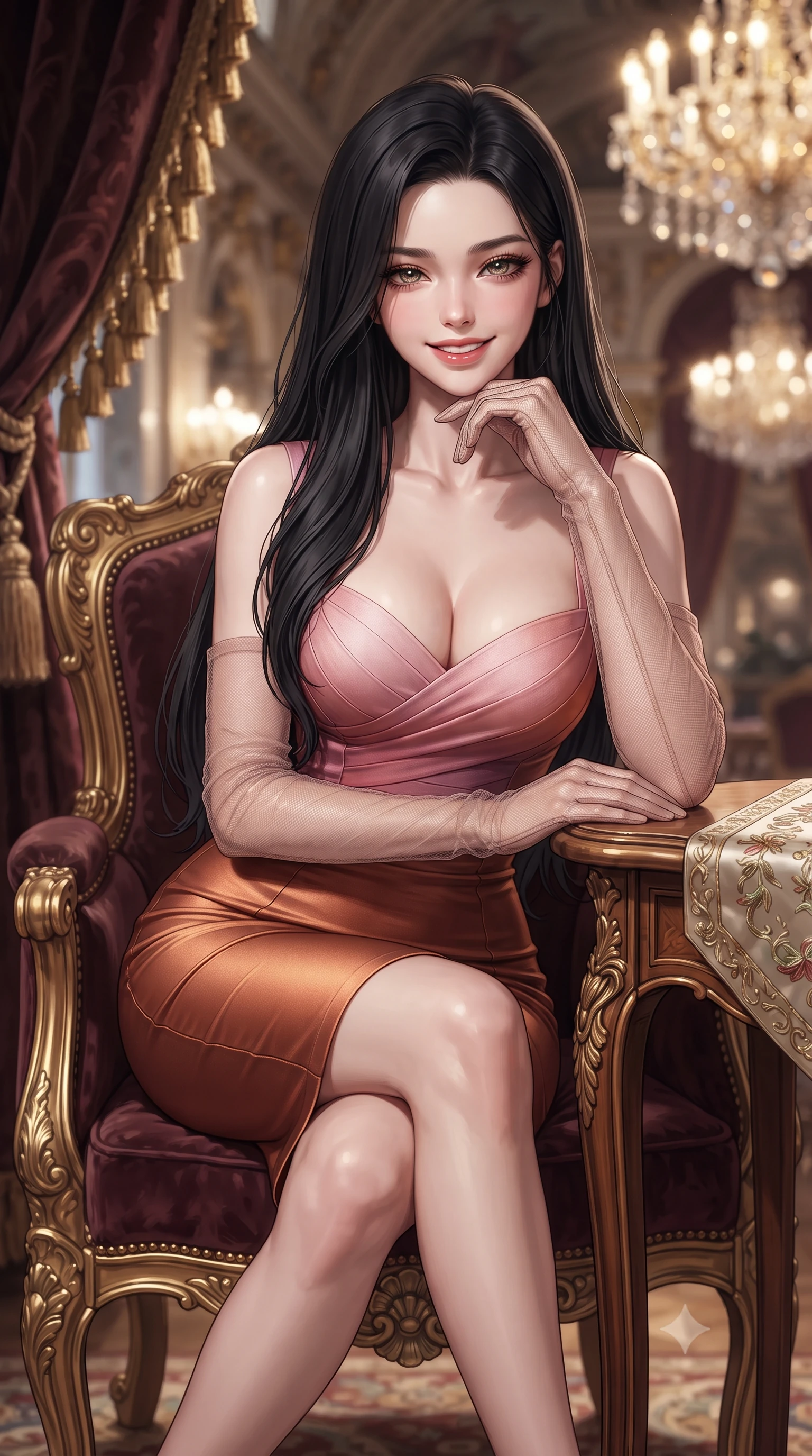 score_9, masterpiece, best quality, ultra-detailed, high-budget anime keyframe, editorial fashion photography, tasteful artistic composition, Korean woman. close-up cowboy shot from the waist and thighs up, the character dominates the composition, filling the frame with her large presence. resting one elbow on the table and supporting her chin, leaning close to the camera with heavy-lidded sparkling eyes and parted lips while sitting gracefully in the carved gilded armchair with legs crossed, flashing a radiant, playful smile with parted glossy lips. The background shows a soft-focus heavy velvet drapery tassels softened in high-society European opening night shallow focus. She has an exceptionally elegant, slender, and willowy female figure with an ultra-slim waist, flat toned midriff, narrow ribcage, and sculpted feminine hips creating an alluring, slim hourglass silhouette without bulk. sharp v-shaped jawline, high-bridge nose, intricate jewel-like sparkling eyes with depth, thick eyelashes, glossy parted lips with a natural peach sheen, bright cheerful beaming smile with an enchanting and coquettish sensual glint, exuding both youthful cute charm and seductive allure, flawlessly proportioned anatomical accuracy, strict slender model proportions, natural body alignment, perfectly sculpted long slender limbs, ultra-slim waistline, clean dynamic posture without body distortion. wearing a body-contouring dense bandage knit pencil dress with sweetheart neckline in Grasse centifolia rose petal blush and burnished copper, crafted from fluid liquid silk satin that clings smoothly to her narrow waist and rounded hips with a dewy sheen, complemented by sheer opera-length evening gloves tracing her slender arms, the impeccably tailored cut draping gracefully along her slender figure with aristocratic poise. illuminated by gilded stucco bounce fill and sharp rose-gold rim lights defining her dewy collarbones, ultra-slim waist, and curvy hips. ultra-reflective glossy finish, specular highlights, rich textural contrasts, high-contrast stereoscopic depth, volumetric dynamic lighting, 2k, ultra detail, master piece, 9:16 ratio