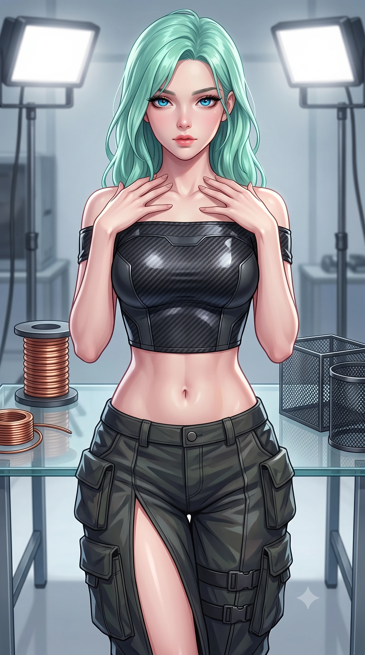 score_9, masterpiece, best quality, ultra-detailed, high-budget anime keyframe, editorial fashion photography, tasteful artistic composition, Japanese woman. close-up cowboy shot from the waist and thighs up, the character dominates the composition, filling the frame with her large presence, background elements kept in soft focus. standing in a relaxed, elegant posture with both hands resting lightly on her collarbone, looking at the viewer with bedroom-eyes, the background shows a soft-focus a test laboratory with glass tables, copper coils, and carbon-mesh containers. She has an exceptionally elegant, slender, and willowy female figure with an ultra-slim waist, a gracefully sculpted slender torso, and a refined silhouette. sharp v-shaped jawline, high-bridge nose, intricate jewel-like eyes with depth, thick eyelashes, glossy lips with a natural sheen. wearing a body-hugging off-shoulder carbon-fiber armor top paired with high-slit tactical cargo pants, showing her delicately sculpted midriff. bright halogen work lights casting clear, detailed front lighting and soft shadows. highly saturated vibrant anime colors, detailed shading with soft gradients, rich glossy textures, high-contrast stereoscopic depth, volumetric dynamic lighting, master piece, 9:16 ratio
