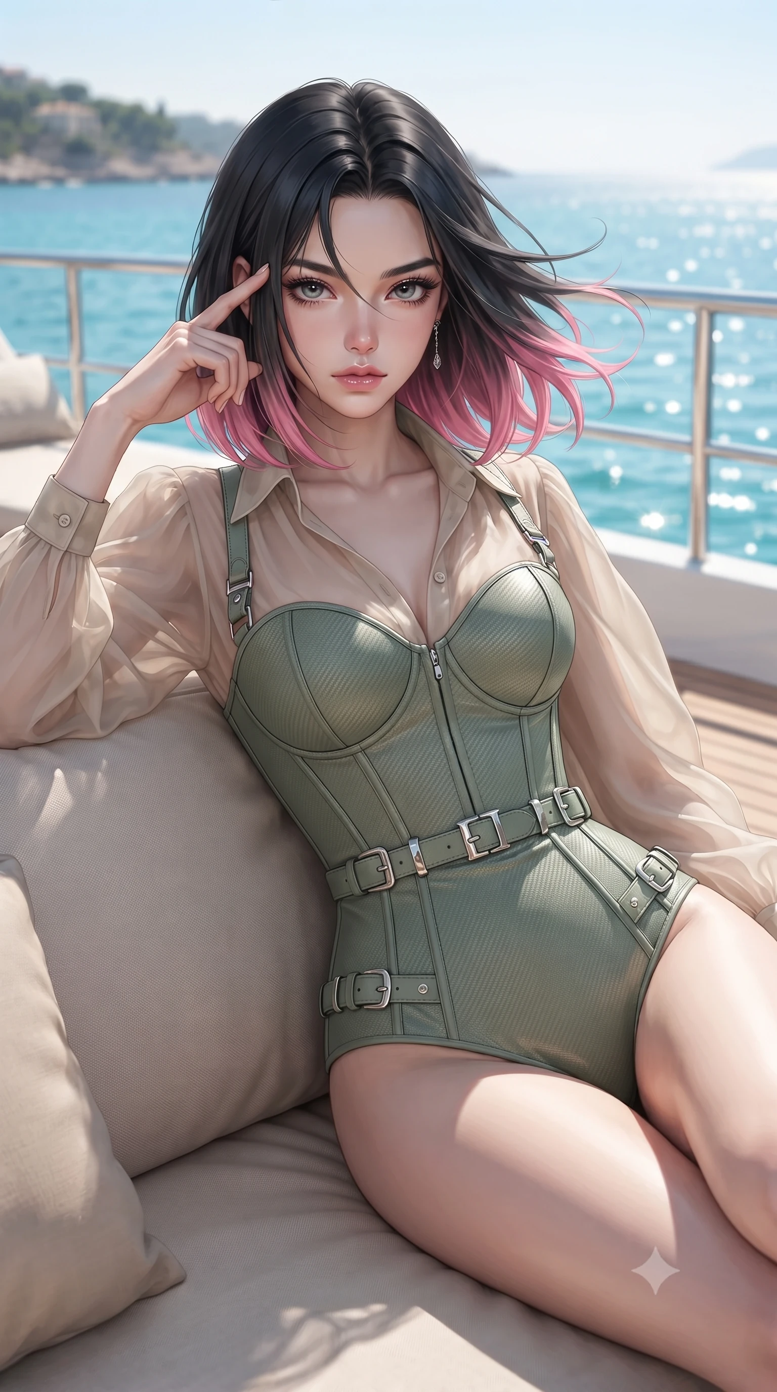 score_9, masterpiece, best quality, ultra-detailed, high-budget anime keyframe, editorial fashion photography, tasteful artistic composition, Korean woman. close-up cowboy shot from the waist and thighs up, the character dominates the composition, filling the frame with her large presence, background elements kept in soft focus. Pressing two fingers to her temple in a composed thoughtful gesture with an air of magnetic charisma lounging on a plush sunbed on the teak deck of a luxury yacht in open turquoise waters, ocean breeze blowing her hair and lightweight attire into fluid motions. She has an exceptionally elegant, slender, and willowy female figure with an ultra-slim waist, a gracefully sculpted slender torso, and a refined silhouette. sharp v-shaped jawline, high-bridge nose, intricate jewel-like eyes with depth, thick eyelashes, glossy lips with a natural sheen. wearing a tailored leather bustier over a sheer silk chiffon blouse in sage green and oatmeal, made of fine carbon-fiber weave and soft matte leather, detailed with polished silver buckles along the waistline, the elegant draped fit framing her graceful clavicle and slender torso. bathed in brilliant tropical sunshine and glittering ocean water reflections. ultra-reflective glossy finish, specular highlights, metallic sheen, high-contrast stereoscopic depth, volumetric dynamic lighting, 2k, ultra detail, master piece, 9:16 ratio