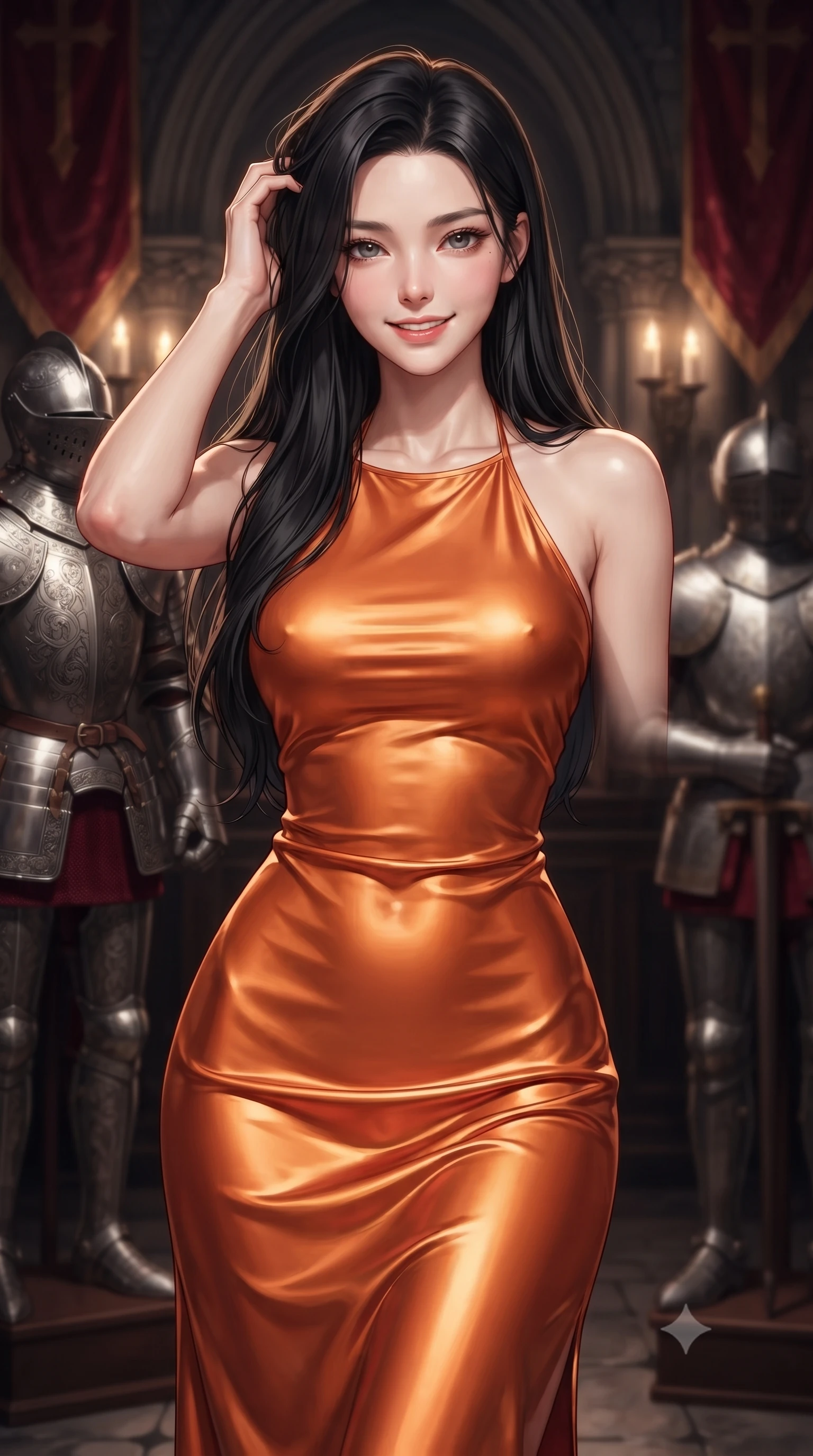 score_9, masterpiece, best quality, ultra-detailed, high-budget anime keyframe, editorial fashion photography, tasteful artistic composition, Korean woman. close-up cowboy shot from the waist and thighs up, the character dominates the composition, filling the frame with her large presence, background elements kept in soft focus. smiling with quiet, magnetic self-assurance directly into the camera, running a hand through her hair the background shows a soft-focus a gothic armory hall with engraved knight armors and velvet banners. She has an exceptionally elegant, slender, and willowy female figure with an ultra-slim waist, a gracefully sculpted slender torso, and a refined silhouette. sharp v-shaped jawline, high-bridge nose, intricate jewel-like eyes with depth, thick eyelashes, glossy lips with a natural sheen. wearing a body-hugging form-fitting liquid silk halter-neck maxi dress in sunset orange, draped elegantly to highlight her slender frame. focused warm spotlights highlighting polished metallic armors and her outfit. ultra-reflective glossy finish, specular highlights, metallic sheen, high-contrast stereoscopic depth, volumetric dynamic lighting, 2k, ultra detail, master piece, 9:16 ratio