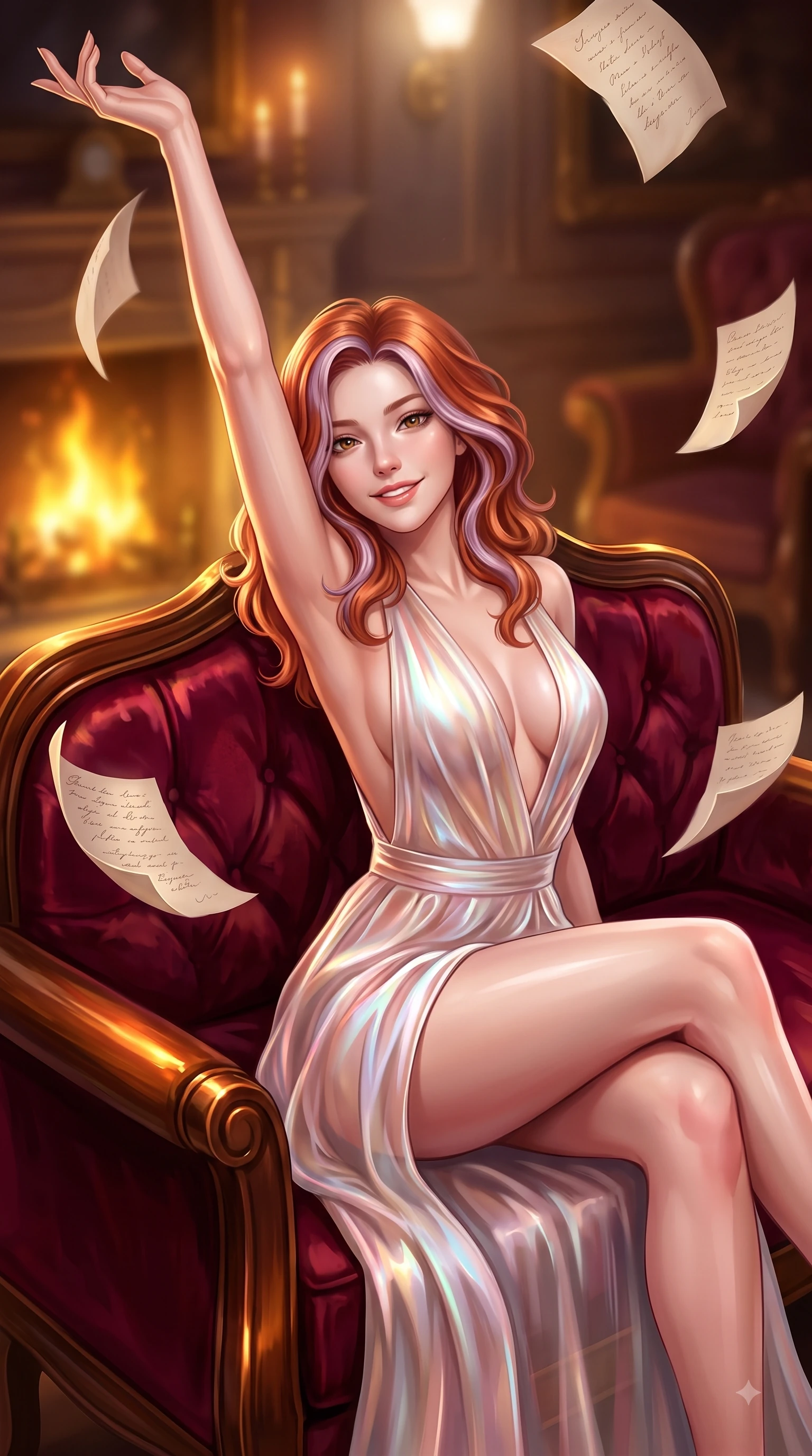 score_9, masterpiece, best quality, ultra-detailed, high-budget anime keyframe, editorial fashion photography, tasteful artistic composition, Caucasian woman. close-up cowboy shot from the waist and thighs up, the character dominates the composition, filling the frame with her large presence, background elements kept in soft focus. Extending one arm in an elegant stretch toward the light while smiling with magnetic self-assurance while lounging on an antique silk velvet sofa as floating parchment pages hover gently around her, rich velvet and polished wood textures reflecting brilliant warm highlights. She has an exceptionally elegant, slender, and willowy female figure with an ultra-slim waist, a gracefully sculpted slender torso, and a refined silhouette. sharp v-shaped jawline, high-bridge nose, intricate jewel-like eyes with depth, thick eyelashes, glossy lips with a natural sheen, flawlessly proportioned anatomical accuracy, natural body alignment, perfectly sculpted elegant limbs, clean dynamic posture without body distortion. wearing a translucent iridescent chiffon gown with a plunging neckline and open back in pearl white and rose gold, woven from fine semi-opaque sheer organza, finished with a sleek side slit ascending to mid-thigh, the sleek second-skin texture accentuating her magnetic presence. bathed in rich amber candlelight and warm golden hearth flame backlighting. ultra-reflective glossy finish, specular highlights, metallic sheen, high-contrast stereoscopic depth, volumetric dynamic lighting, 2k, ultra detail, master piece, 9:16 ratio