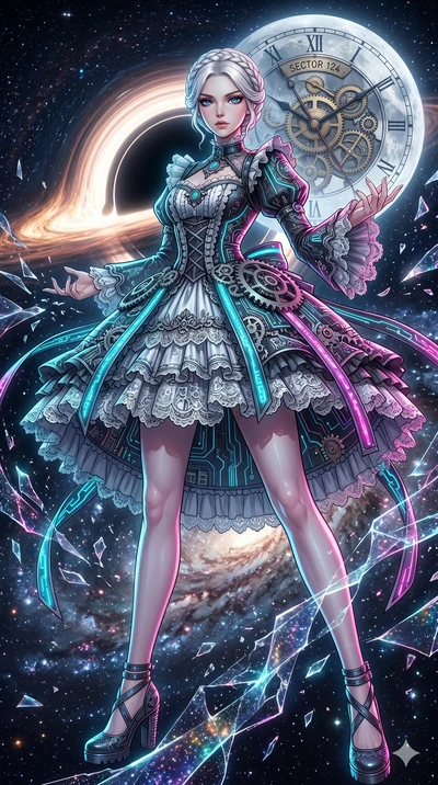 score_9, masterpiece, best quality, ultra-detailed, Set A: High-budget Anime Keyframe, Korean woman. Low angle cowboy shot filling the entire 9:16 frame with her statuesque presence. Theme: Historical Remix. shattering the fabric of reality in the ed