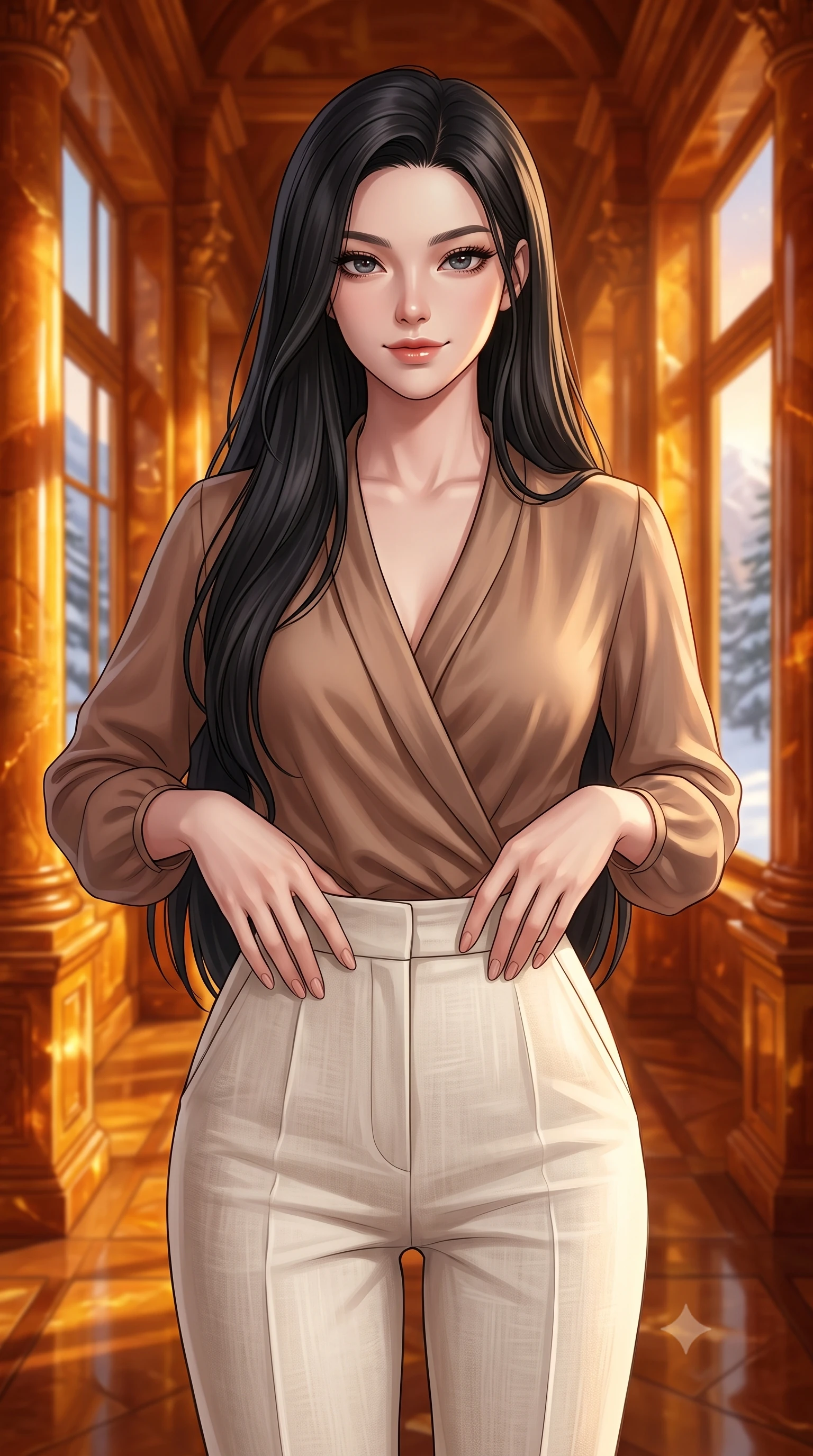 score_9, masterpiece, best quality, ultra-detailed, high-budget anime keyframe, editorial fashion photography, tasteful artistic composition, Korean woman. close-up cowboy shot from the waist and thighs up, the character dominates the composition, filling the frame with her large presence, background elements kept in soft focus. Exhibiting a confident, playful smirk directly into the camera. set against a soft-focus background of standing inside a grand corridor of a palace made entirely of warm fossilized amber in a snowy pine mountain valley, glowing from within during a winter sunset. She has an exceptionally elegant, slender, and willowy female figure with a highly-defined ultra-slim waist, a gracefully sculpted slender torso, and a refined slim-fit silhouette that contours her form. sharp v-shaped jawline, high-bridge nose, intricate jewel-like eyes with depth, thick eyelashes, glossy lips with a natural sheen. wearing a wrap-style silk blouse in a warm mocha shade, tucked into high-waisted ivory linen trousers. warm golden sunset rays reflecting off the polished amber columns, creating deep honey-colored shadows. 2k, ultra detail, master piece, 9:16 ratio