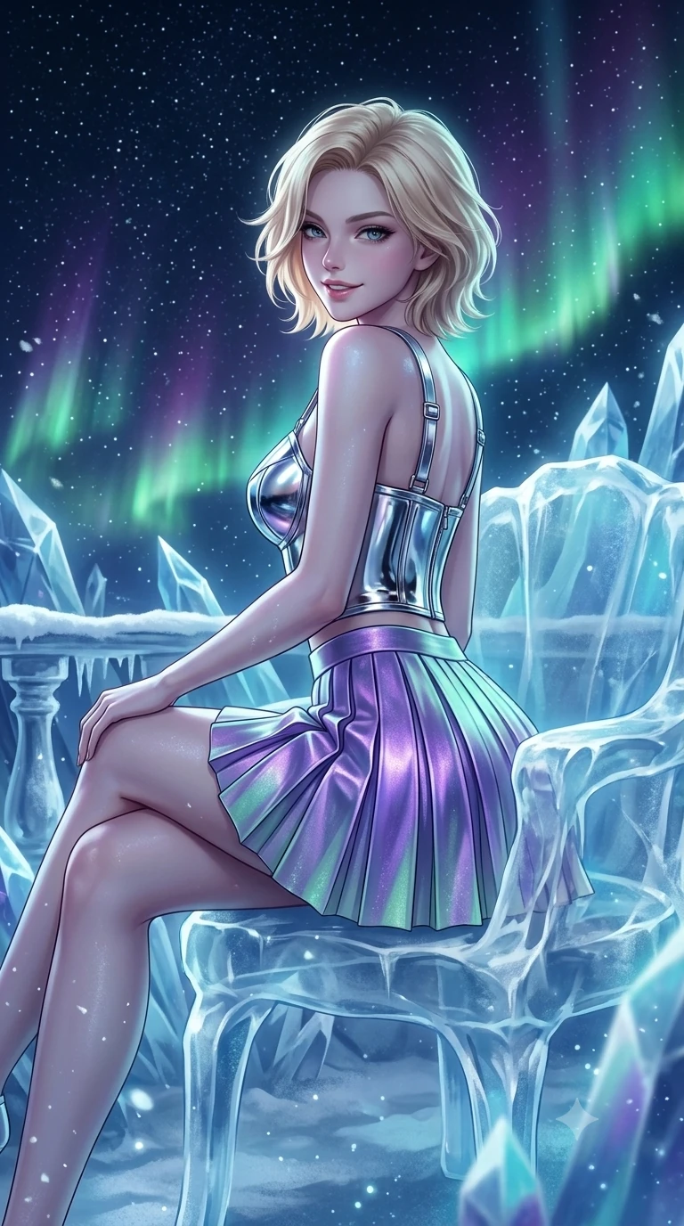 score_9, masterpiece, best quality, ultra-detailed, high-budget anime keyframe, semi-realistic 3D game render, editorial fashion photography, tasteful artistic composition, Caucasian woman. close-up cowboy shot from the waist and thighs up, the character dominates the composition, filling the frame with her large presence. posing in an alluring rear three-quarter angle, looking over a bare shoulder with parted glossy lips, her hips cocked back to highlight her slim hourglass curve while sitting gracefully on the sculpted ice chair with legs crossed, flashing a playful, coquettish smile with parted glossy lips. The surrounding environment is rendered in vivid detail and crisp panoramic clarity: sharp translucent ice crystal facets, wind-sculpted snow rime on balustrades, and dense starfield points in deep focus. She has an exceptionally elegant, slender, and willowy female figure with an ultra-slim waist, flat toned midriff, narrow ribcage, and sculpted feminine hips creating an alluring, slim hourglass silhouette without bulk. sharp v-shaped jawline, high-bridge nose, intricate jewel-like sparkling eyes with depth, thick eyelashes, glossy parted lips with a natural peach sheen, bright cheerful beaming smile with an enchanting and coquettish sensual glint, exuding both youthful cute charm and seductive allure, flawlessly proportioned anatomical accuracy, strict slender model proportions, natural body alignment, perfectly sculpted long slender limbs, ultra-slim waistline, clean dynamic posture without body distortion. wearing a chrome-plated structured underwire bustier top paired with an ultra-short low-rise pleated micro mini skirt in phosphorescent ultraviolet amethyst and mint green, woven from buttery-soft stretch lambskin leather adhering to her body like a second skin, finished with sleek magnetic buckle closures fluttering in the breeze, the high-slit wrap tailoring accentuating her ultra-slim waistline and the enchanting curve of her feminine hips with alluring seductive charm. bathed in the natural undulating luminescence of polar auroras mixed with cool opera stage uplighting. highly saturated vibrant anime colors, detailed shading with soft gradients, rich glossy textures, high-contrast stereoscopic depth, volumetric dynamic lighting, master piece, 9:16 ratio