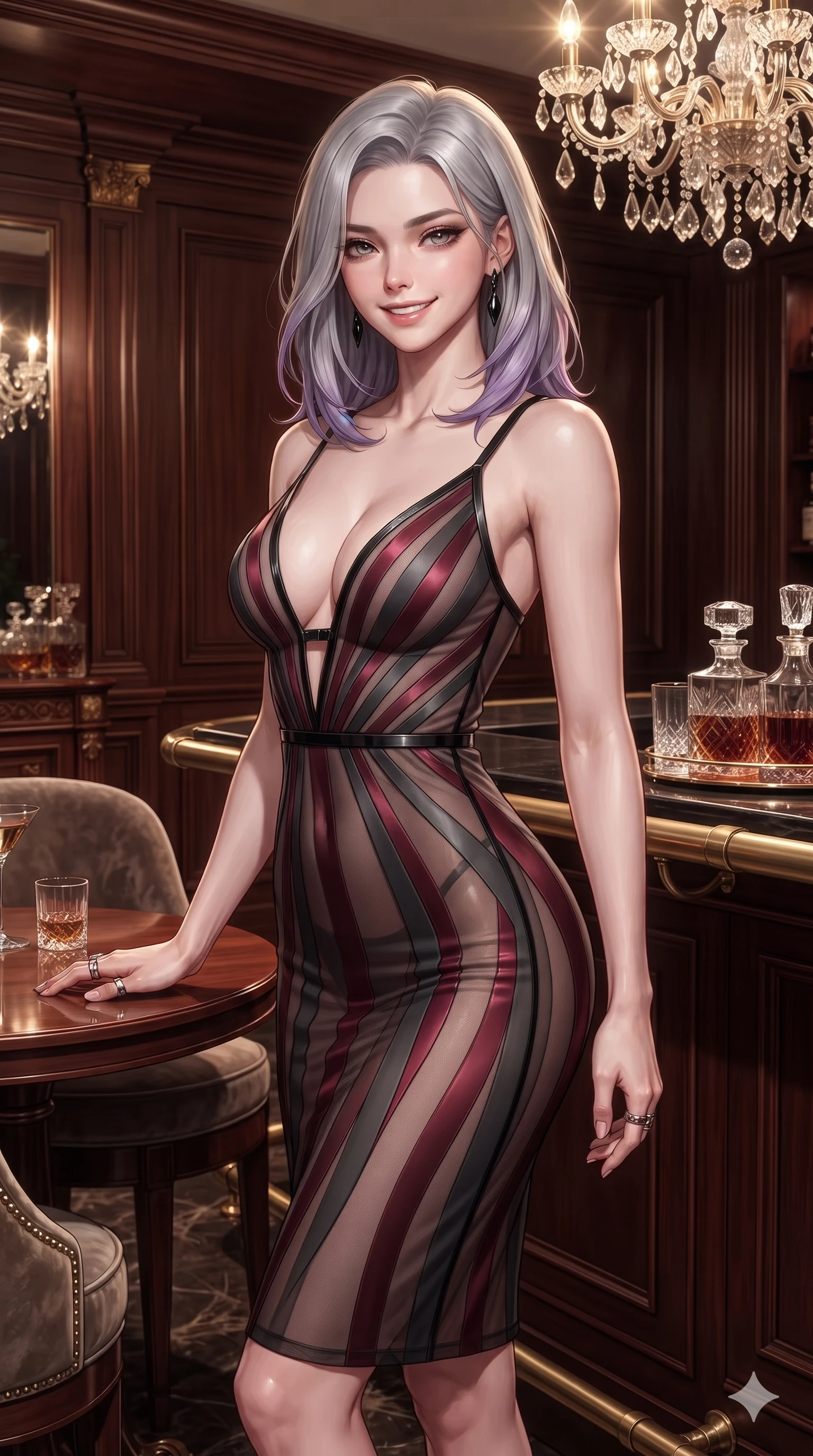 score_9, masterpiece, best quality, ultra-detailed, high-budget anime keyframe, editorial fashion photography, tasteful artistic composition, Caucasian woman. close-up cowboy shot from the waist and thighs up, the character dominates the composition, filling the frame with her large presence. smiling with quiet, magnetic self-assurance directly into the camera with heavy-lidded sparkling eyes while standing tall beside the high-roller private salon bar, arching her spine with sovereign dark glamour as chandelier prisms glint in her hair. The surrounding environment is rendered in vivid detail and crisp panoramic clarity: detailed backless liquid vinyl slip dress cling, sculpted chrome rings, and opulent private salon decor in razor-sharp precision. She has an exceptionally elegant, slender, and willowy female figure with an ultra-slim waist, flat toned midriff, narrow ribcage, and sculpted feminine hips creating an alluring, slim hourglass silhouette without bulk. sharp v-shaped jawline, high-bridge nose, intricate jewel-like dark sparkling eyes with hypnotic seductive depth, thick curled eyelashes, glossy parted lips with a natural wine sheen, alluring bedroom-eyes with an enigmatic smoldering smile, exuding magnetic sovereign charisma and dark avant-garde glamour, flawlessly proportioned anatomical accuracy, strict slender model proportions, natural body alignment, perfectly sculpted long slender limbs, ultra-slim waistline, clean dynamic posture without body distortion. wearing a plunge-front sheer illusion tulle slip dress with liquid platinum ribbon stripes hugging her curves in deep crimson burgundy and matte charcoal, woven from fine semi-opaque stretch illusion mesh tracing every contour of her figure, adorned with minimalist black onyx hardware framing the silhouette, contouring every curve with an exceptionally elegant silhouette and captivating allure. illuminated by polished mahogany table bounce and sharp champagne-gold rim lights sculpting her razor-sharp jawline, narrow waist, and curvy hips. ultra-reflective glossy finish, specular highlights, metallic sheen, high-contrast stereoscopic depth, volumetric dynamic lighting, 2k, ultra detail, master piece, 9:16 ratio
