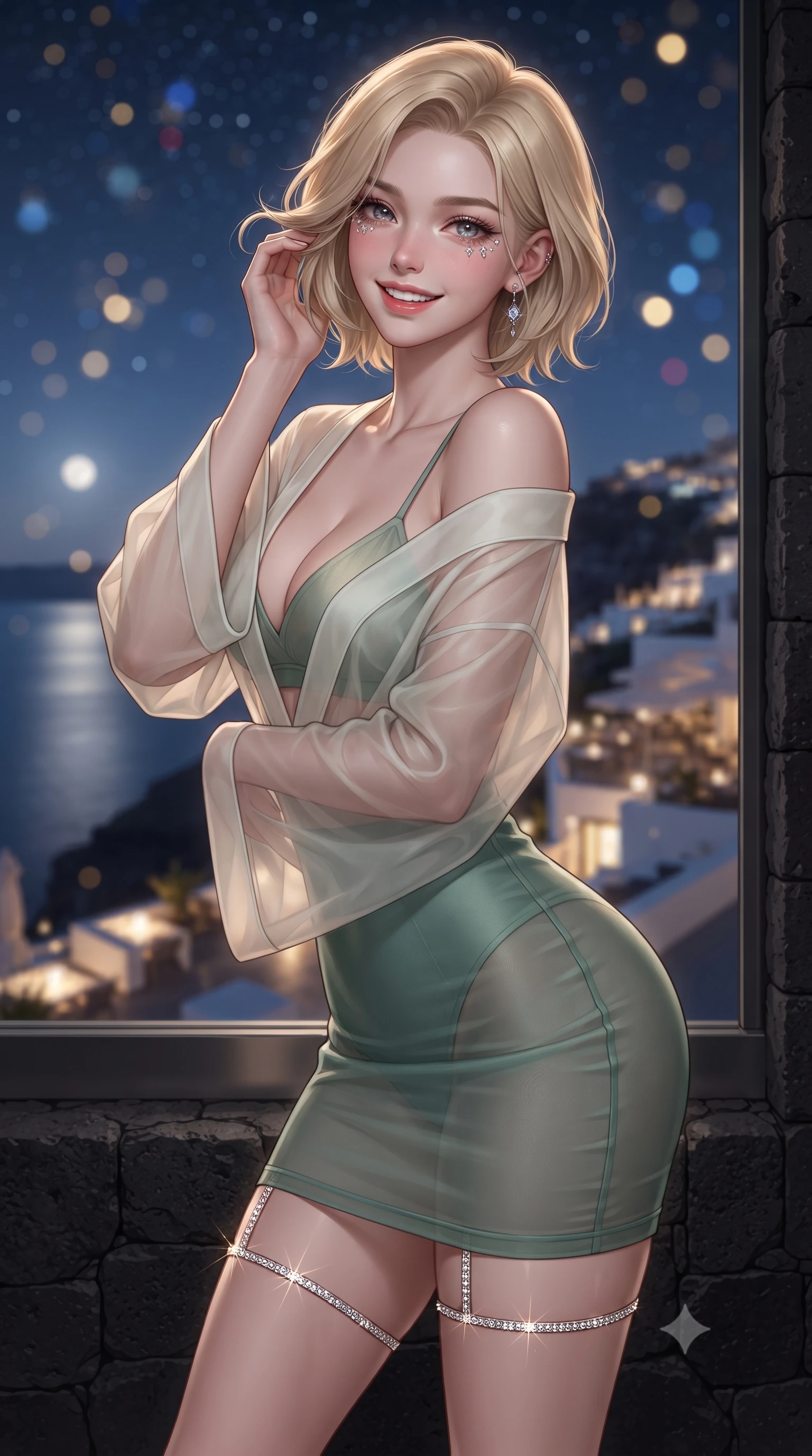 score_9, masterpiece, best quality, ultra-detailed, high-budget anime keyframe, editorial fashion photography, tasteful artistic composition, Caucasian woman. close-up cowboy shot from the waist and thighs up, the character dominates the composition, filling the frame with her large presence. gently brushing a lock of hair behind her ear while casting a playful, flirtatious side-gaze with long eyelashes while standing poised before the floor-to-ceiling glass wall framing the moonlit caldera, arching her lower back to emphasize her curvy hips against the black basalt walls. The background shows a soft-focus tiers of illuminated Fira cliffside bars and restaurants, moonlit caldera water reflections, and starry sky blurred into gold, ruby, and sapphire bokeh. She has an exceptionally elegant, slender, and willowy female figure with an ultra-slim waist, flat toned midriff, narrow ribcage, and sculpted feminine hips creating an alluring, slim hourglass silhouette without bulk. sharp v-shaped jawline, high-bridge nose, intricate jewel-like sparkling eyes with depth, thick eyelashes, glossy parted lips with a natural peach sheen, bright cheerful beaming smile with an enchanting and coquettish sensual glint, exuding both youthful cute charm and seductive allure, flawlessly proportioned anatomical accuracy, strict slender model proportions, natural body alignment, perfectly sculpted long slender limbs, ultra-slim waistline, clean dynamic posture without body distortion. wearing a modern sheer organza kimono dress with wide sleeves slipping gracefully off bare shoulders over a fitted bralette in Namsan moonlit mist ivory and jade pine green, woven from fine semi-opaque stretch illusion mesh tracing her slender contours, finished with delicate crystal-encrusted thigh garter straps glinting in the dim light, the glove-like clinging cut tightly following the natural contour of her hips and long slender legs with youthful 8.5-heads elegance. illuminated by polished floor bounce and sharp rose-gold rim lights sculpting her features, flat midriff, and slender waist. ultra-reflective glossy finish, specular highlights, rich textural contrasts, high-contrast stereoscopic depth, volumetric dynamic lighting, 2k, ultra detail, master piece, 9:16 ratio