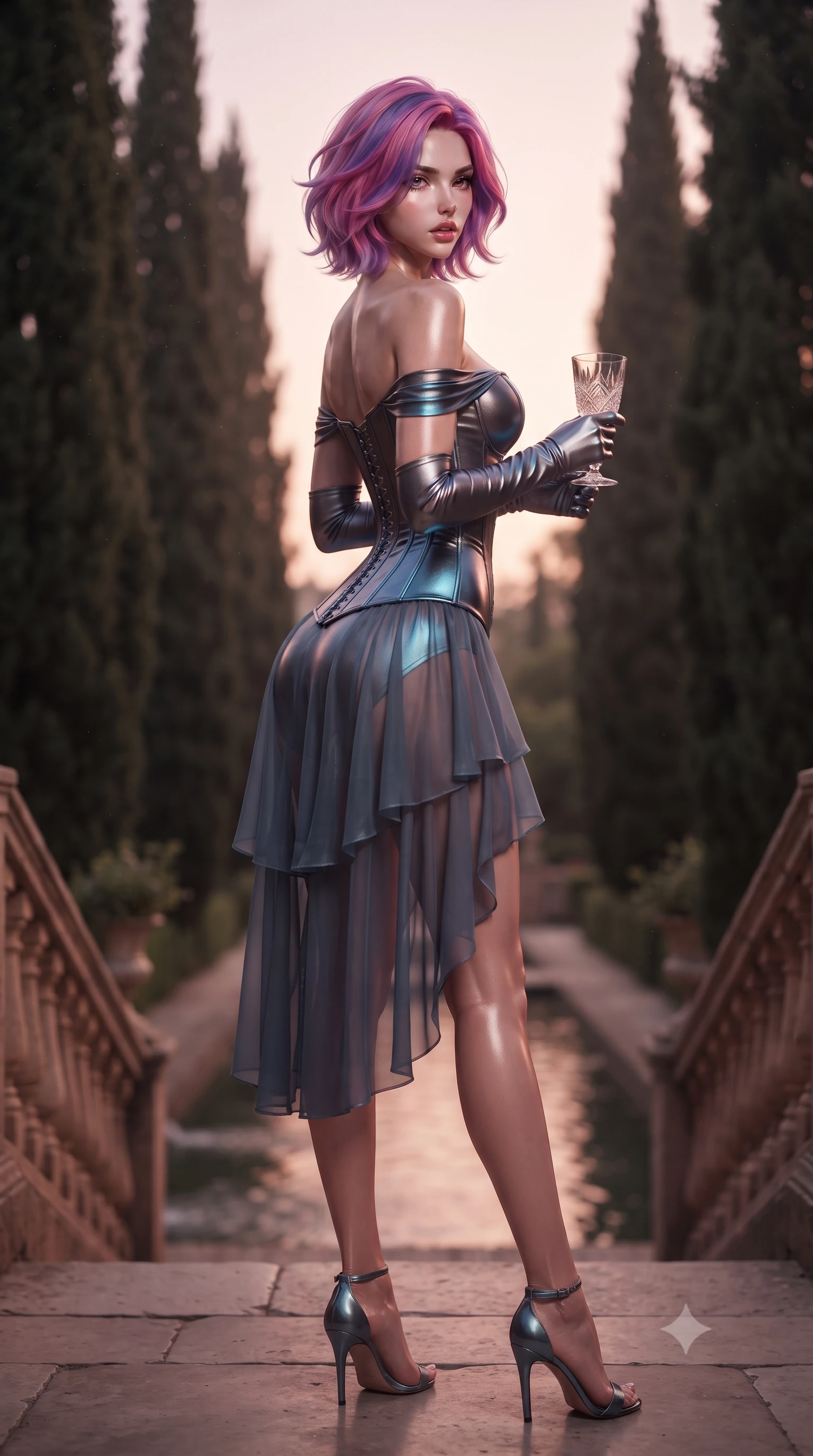 score_9, masterpiece, best quality, ultra-detailed, high-budget anime keyframe, editorial fashion photography, tasteful artistic composition, Caucasian woman. low angle full-body shot from head to toe showing her feet, filling the entire 9:16 vertical frame with her statuesque presence, stretching her vertical silhouette. posing with back turned slightly to the lens, glancing back with smoldering allure as she arches her lower back to emphasize her sculpted feminine hips and slender waist while standing poised on the cobblestone stair landing shaded by towering cypress trees, twisting her slender torso in an alluring S-curve in the twilight. The composition keeps background elements in soft focus with creamy bokeh. gliding water channels in the stone balustrades softened in romantic Moorish shallow focus. She has an exceptionally tall and slender model-like 8.5-heads proportion, an ultra-slim waist, a flat toned midriff, narrow delicate ribcage, and beautifully sculpted feminine hips creating a graceful, slim hourglass silhouette without any bulky heaviness, with impossibly long slender legs. sharp v-shaped jawline, high-bridge nose, intricate jewel-like eyes with depth, thick eyelashes, glossy parted lips with a natural sheen, intensely captivating and seductive bedroom-eyes expression, flawlessly proportioned anatomical accuracy, strict slender model proportions, natural body alignment, perfectly sculpted long slender limbs, ultra-slim waistline, clean dynamic posture without body distortion. wearing an off-shoulder French court corset bodice dress paired with a tiered translucent chiffon slit skirt in metallic gunmetal and electric azure, formed from supple second-skin lambskin leather with specular sheen, accessorized with opera-length satin gloves and a vintage crystal glass, the glove-like aerodynamic silhouette tightly following the natural contour of her hips and long slender legs with statuesque 8.5-heads elegance. bathed in rich Andalusian dusk glow in shades of burnt sienna and dusty rose. ultra-reflective glossy finish, specular highlights, rich textural contrasts, high-contrast stereoscopic depth, volumetric dynamic lighting, 2k, ultra detail, master piece, 9:16 ratio