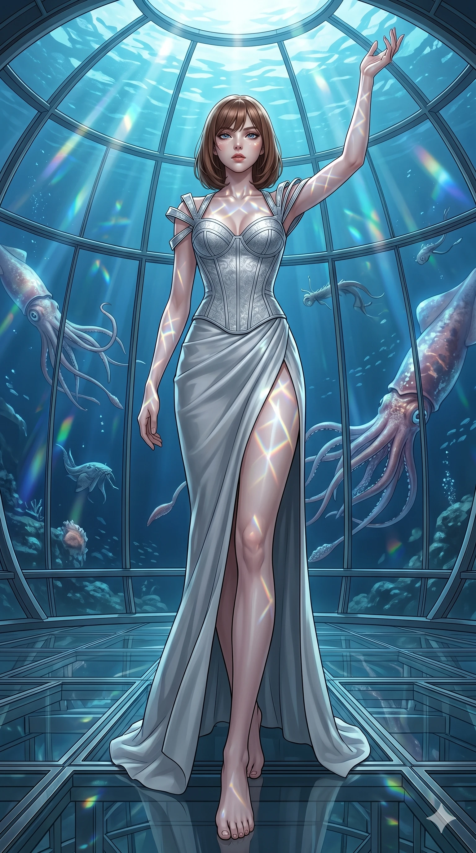 score_9, masterpiece, best quality, ultra-detailed, high-budget anime keyframe, editorial fashion photography, tasteful artistic composition, Caucasian woman, strictly human ears. low angle full-body shot from head to toe showing her feet, filling the entire 9:16 vertical frame with her statuesque presence, stretching her vertical silhouette. Gliding forward with one arm sweeping upward toward the sky within a deep-sea laboratory enclosed in a giant glass sphere showing swimming giant squids. She has an absolutely perfect 8-heads proportion, an exceptionally tall and slender female figure with impossibly long slender legs and an ultra-slim waist. V-shaped jawline, high-bridge nose, intricate jewel-like eyes with depth, thick eyelashes, glossy lips with a natural sheen. wearing a structured bodice in silver jacquard with architectural shoulder straps, paired with a matching high-slit column skirt in heavy silk crepe. lit by mirror-reflected prismatic spotlights creating geometric light patterns that play across her body. 2k, ultra detail, master piece, 9:16 ratio