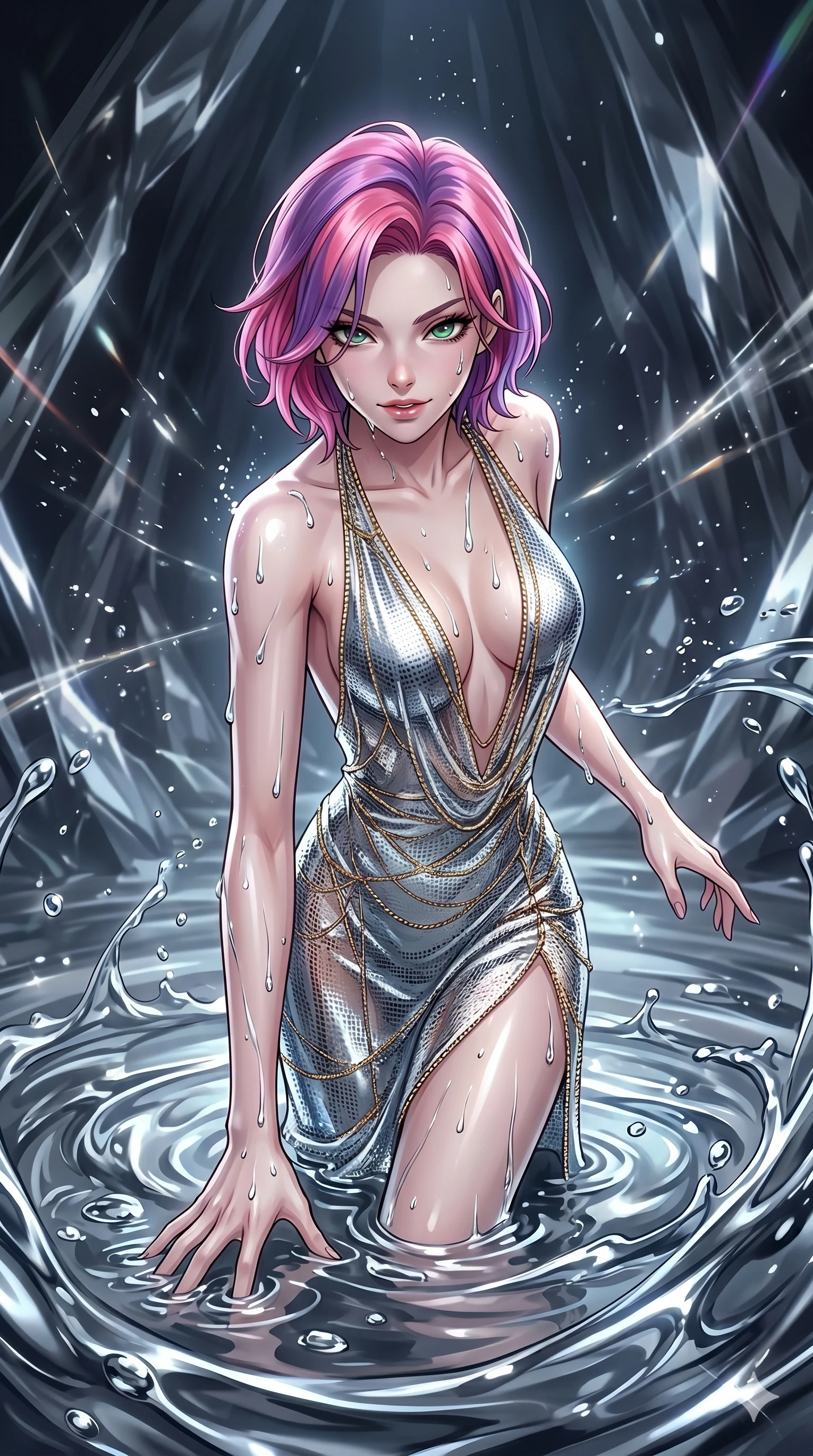 score_9, masterpiece, best quality, ultra-detailed, High-budget Anime Keyframe, East Asian woman. Dynamic full-body shot stretching the vertical silhouette to the limit. Scenario 24: Rising from a pool of mercury-like liquid, droplets rolling off her skin. Her presence is magnetic and overpowering in this high-budget anime scene. Outfit 24: A molten liquid silk micro-mesh with a plunging V-neckline and fine gold chains. The clothing is designed to emphasize her exceptionally tall and slender 8-heads proportion. 8-heads proportion, towering silhouette, ultra-slim waist. sharp v-shaped jawline, intricate jewel-like eyes with depth, thick eyelashes, glossy lips. 2k, ultra detail, master piece, 9:16 ratio