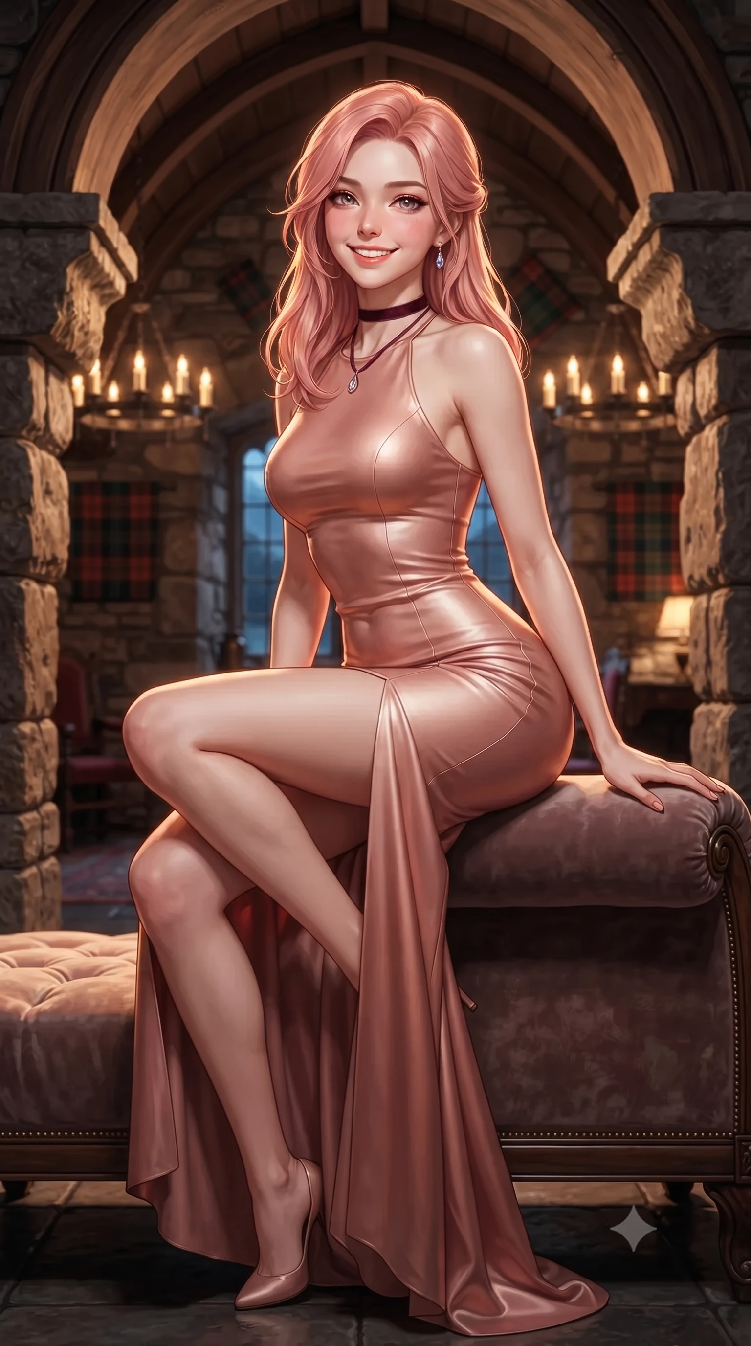 score_9, masterpiece, best quality, ultra-detailed, high-budget anime keyframe, editorial fashion photography, tasteful artistic composition, Japanese woman. close-up cowboy shot from the waist and thighs up, the character dominates the composition, filling the frame with her large presence. perched sideways on the lounge seat, one knee drawn up to showcase her slender leg line while her arched back accentuates her feminine hip curve while standing poised between massive rough-hewn stone fireplace corbels beneath soaring timber barrel vaults, arching her lower back with sovereign supermodel grace as tallow candle chandeliers flicker in the draft. The background shows a soft-focus flickering iron candelabra chandeliers, antique Scottish clan tartans on stone walls, and moonlit Loch Duich waters through mullioned windows blurred into amber, emerald, and peat bokeh. She has an exceptionally elegant, slender, and willowy female figure with an ultra-slim waist, flat toned midriff, narrow ribcage, and sculpted feminine hips creating an alluring, slim hourglass silhouette without bulk. sharp v-shaped jawline, high-bridge nose, intricate jewel-like sparkling eyes with depth, thick eyelashes, glossy parted lips with a natural peach sheen, bright cheerful beaming smile with an enchanting and coquettish sensual glint, exuding both youthful cute charm and seductive allure, flawlessly proportioned anatomical accuracy, strict slender model proportions, natural body alignment, perfectly sculpted long slender limbs, ultra-slim waistline, clean dynamic posture without body distortion. wearing a form-fitting Scottish Highlands liquid silk jersey evening dress clinging smoothly to her narrow waist and rounded hips in rose-quartz blush and burnished copper, woven from buttery-soft stretch lambskin leather adhering to her body like a second skin, finished with a thin velvet ribbon choker and a single teardrop diamond pendant, the liquid-tight tailored fabric clinging flawlessly to her narrow waist and rounded feminine hips, emphasizing every millimeter of her sculpted slim hourglass curves without any bulky heaviness. illuminated by slate floor reflection bounce and sharp copper-gold rim lights sculpting her razor-sharp jawline, narrow waist, and curvy hips. ultra-reflective glossy finish, specular highlights, rich textural contrasts, high-contrast stereoscopic depth, volumetric dynamic lighting, 2k, ultra detail, master piece, 9:16 ratio