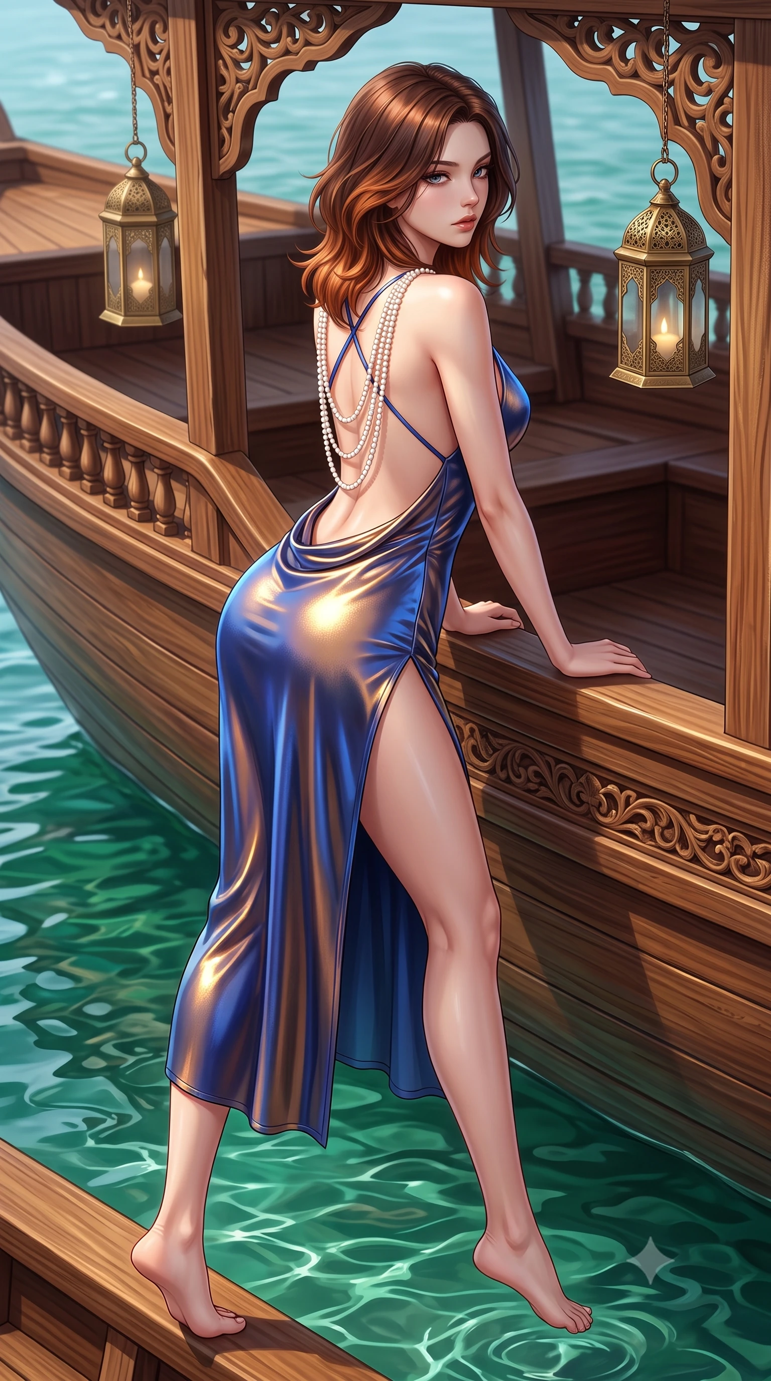 score_9, masterpiece, best quality, ultra-detailed, high-budget anime keyframe, semi-realistic 3D game render, editorial fashion photography, tasteful artistic composition, Korean woman. low angle full-body shot from head to toe showing her feet, filling the entire 9:16 vertical frame with her statuesque presence, stretching her vertical silhouette. striding forward in a proud supermodel runway stride, hips swaying in an alluring kinetic rhythm that accentuates her curvy hourglass silhouette while leaning forward against the carved wooden dhow gunwale with lower back arched, looking over her shoulder at the glassy emerald waters. The surrounding environment is rendered in vivid detail and crisp panoramic clarity. detailed silk chiffon weave, brass lantern filigree, and calm sea water ripple clarity in high resolution. She has an exceptionally tall and slender model-like 8.5-heads proportion, an ultra-slim waist, a flat toned midriff, narrow delicate ribcage, and beautifully sculpted feminine hips creating a graceful, slim hourglass silhouette without any bulky heaviness, with impossibly long slender legs. sharp v-shaped jawline, high-bridge nose, intricate jewel-like eyes with depth, thick eyelashes, glossy parted lips with a natural sheen, intensely captivating and seductive bedroom-eyes expression, flawlessly proportioned anatomical accuracy, strict slender model proportions, natural body alignment, perfectly sculpted long slender limbs, ultra-slim waistline, clean dynamic posture without body distortion. wearing a backless cowl-neck satin slip dress featuring high-cut side hip slits and delicate criss-cross back straps in royal sapphire blue and liquid bronze, crafted from luxurious metallic lamé that shifts radiance with every step, accented with a multi-strand pearl back necklace cascading down her bare spine to her hips, the form-contouring material adhering flawlessly to her sculpted flat midriff and slender torso, emphasizing her long leg lines and perfectly proportioned willowy build. illuminated by intense golden specular reflections sculpting her bare collarbones, ultra-slim waist, and curvy hips. highly saturated vibrant anime colors, detailed shading with soft gradients, rich glossy textures, high-contrast stereoscopic depth, volumetric dynamic lighting, master piece, 9:16 ratio