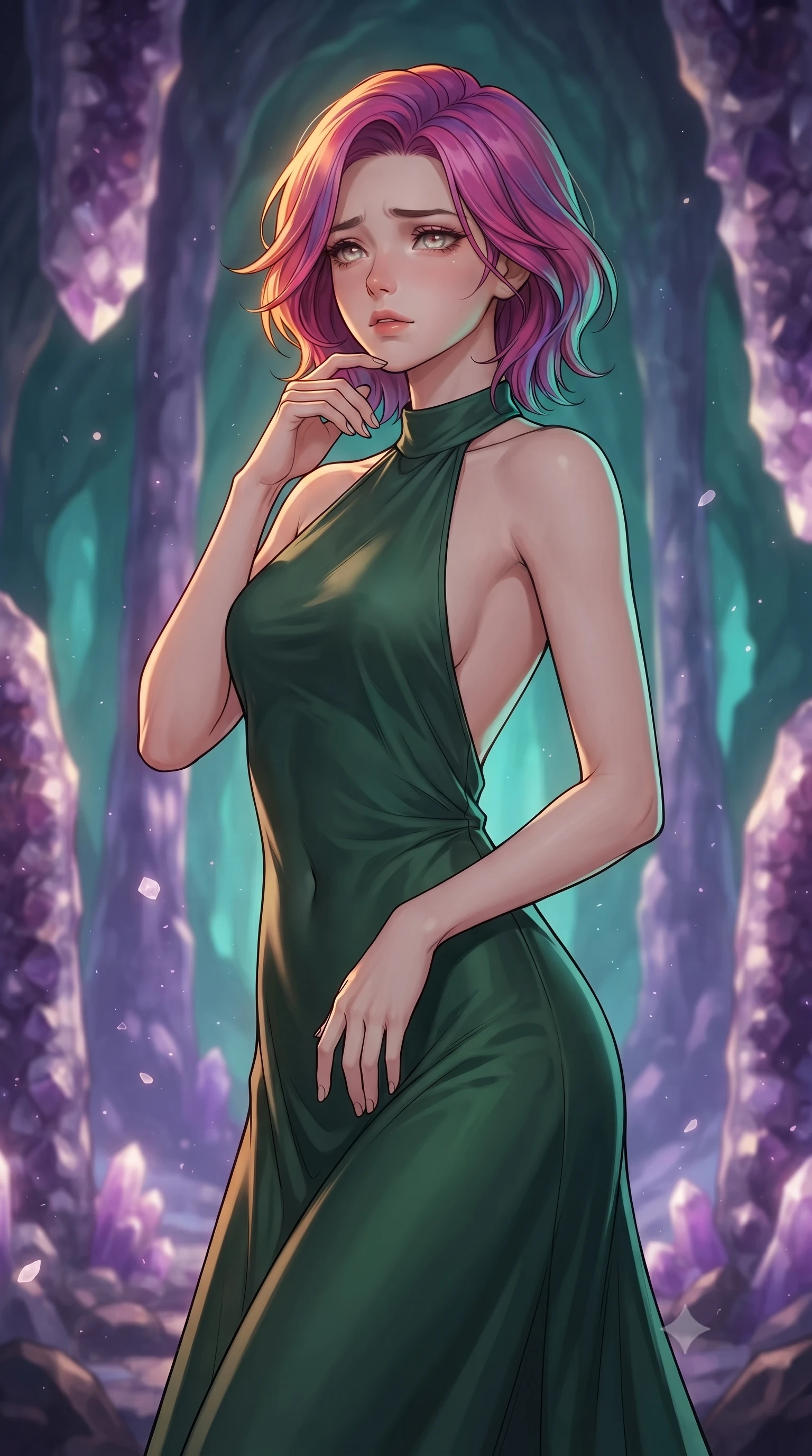 score_9, masterpiece, best quality, ultra-detailed, high-budget anime keyframe, gorgeous anime illustration, with clean line-art and distinct ink outlines, Caucasian woman, strictly human ears. close-up cowboy shot from the waist and thighs up, the character dominates the composition, filling the frame with her large presence, background elements kept in soft focus. Gazing into the distance with a wistful melancholic expression and softly glowing eyes. set against a soft-focus background of inside a massive cavern filled with giant purple amethyst geode pillars that stretch from floor to ceiling, floating quartz dust particles glowing in the air. She has an exceptionally elegant and slender, willowy female figure with an ultra-slim waist, a gracefully sculpted slender torso, and a refined slim physique. sharp v-shaped jawline, high-bridge nose, intricate jewel-like eyes with depth, thick eyelashes, glossy lips with a natural sheen. wearing a backless halter-neck silk dress in deep forest green, flowing elegantly along her slender figure. warm amber rim lighting combined with cool teal fill light creating dramatic contrast. 2k, ultra detail, master piece, 9:16 ratio, vibrant anime color palette, detailed cel-shading with soft gradients, rich contrast, dynamic lighting, 2d animation style