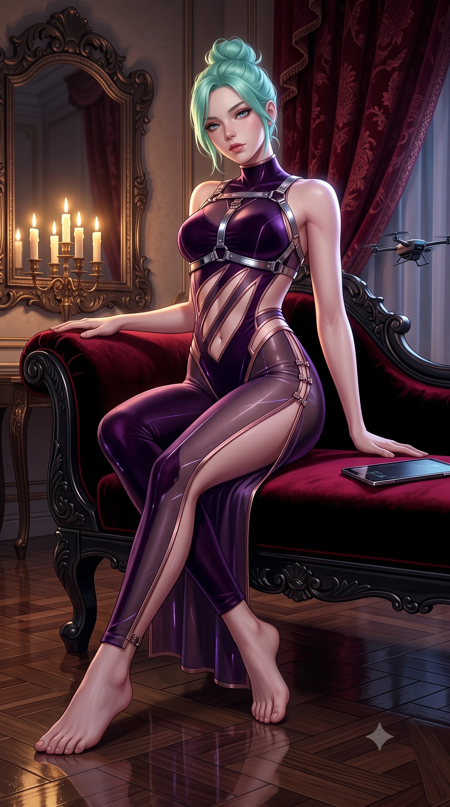 score_9, masterpiece, best quality, ultra-detailed, high-budget anime keyframe, semi-realistic 3D game render, editorial fashion photography, tasteful artistic composition, Japanese woman. low angle full-body shot from head to toe showing her feet, filling the entire 9:16 vertical frame with her statuesque presence, stretching her vertical silhouette. striding forward in a proud, statuesque motion with a dangerous smolder, hips swaying with fierce allure, dominating the frame from head to toe while lounging seductively across an antique black and crimson velvet chaise lounge in a candle-lit private boudoir. The surrounding environment is rendered in vivid detail and crisp panoramic clarity. sharp baroque mirror carvings, brocade curtain embroidery, and parquet floor reflections in high clarity. She has an absolutely perfect, statuesque 8.5-heads proportion, an exceptionally tall and slender model-like female figure with impossibly long slender legs, a toned flat midriff, and an ultra-slim waist. sharp v-shaped jawline, high-bridge nose, intricate jewel-like eyes with depth, thick eyelashes, glossy lips with a natural sheen, flawlessly proportioned anatomical accuracy, strict slender model proportions, natural body alignment, perfectly sculpted long slender limbs, ultra-slim waistline, clean dynamic posture without body distortion. wearing a skin-tight cyber-noir tech bodysuit featuring diagonal slitted cutouts on the midriff, a high-cut leg line, and a metallic chrome harness in deep velvet violet and rose-gold metallic clasps, tailored from semi-translucent dark cybernetic vinyl with subtle glowing micro-filaments, finished with an ultra-high side slit secured by miniature magnetic clasps, the glove-like aerodynamic second-skin fit tightly clinging to her ultra-slender waist and athletic curves without adding bulk, accentuating her razor-sharp statuesque lines and slim hourglass silhouette. illuminated by soft golden key light with sharp specular rim highlights tracing her waist and collarbones. rich saturated anime colors with deep moody shadows, detailed chiaroscuro shading with soft gradients, rich glossy textures, high-contrast stereoscopic depth, volumetric dynamic shadow lighting, master piece, 9:16 ratio