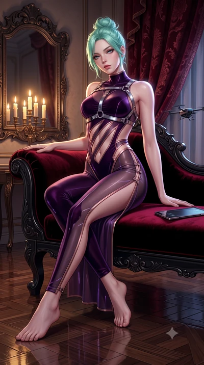 score_9, masterpiece, best quality, ultra-detailed, high-budget anime keyframe, semi-realistic 3D game render, editorial fashion photography, tasteful artistic composition, Japanese woman. low angle full-body shot from head to toe showing her feet, f