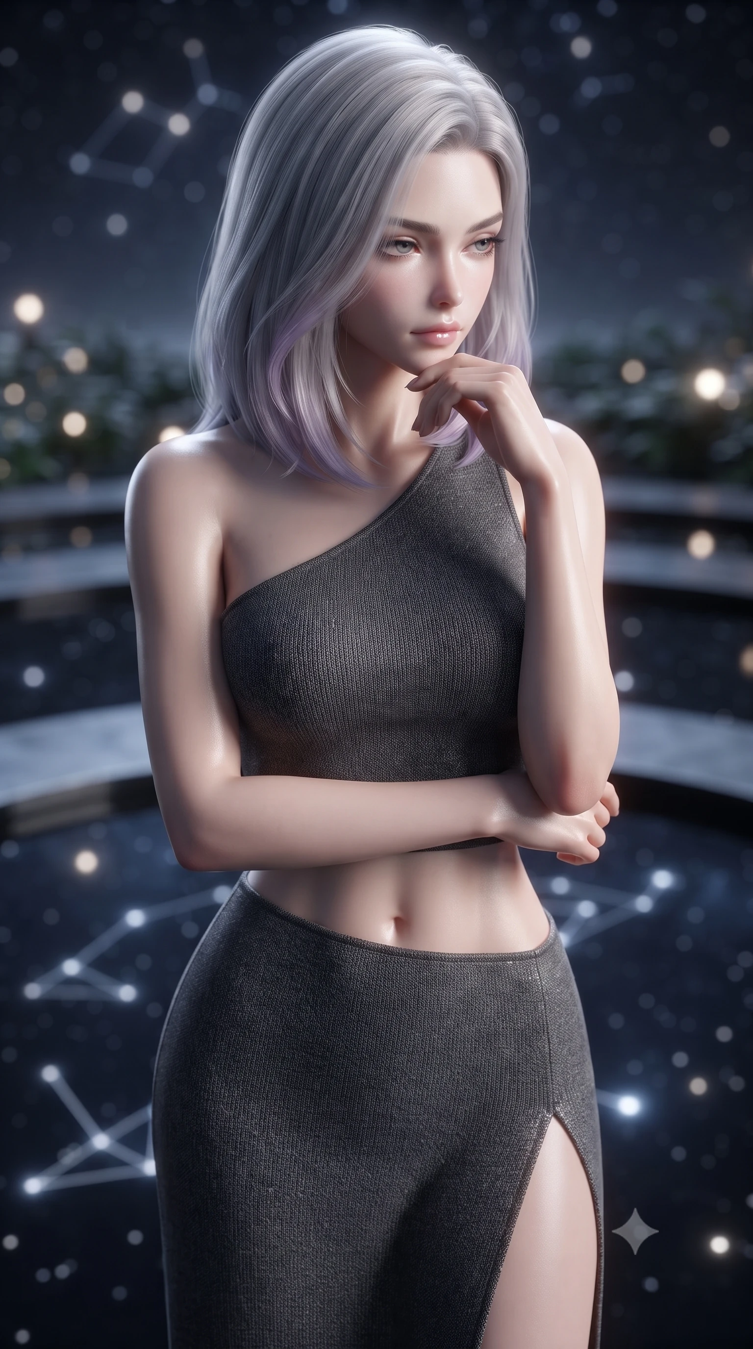 score_9, masterpiece, best quality, ultra-detailed, high-budget anime keyframe, editorial fashion photography, tasteful artistic composition, Caucasian woman. close-up cowboy shot from the waist and thighs up, the character dominates the composition, filling the frame with her large presence, background elements kept in soft focus. resting her chin on the backs of her fingers, casting a heavy-lidded, sultry look past the camera the background shows a soft-focus a celestial mirror garden with black glass water reflecting glowing constellations. She has an exceptionally elegant, slender, and willowy female figure with an ultra-slim waist, a gracefully sculpted slender torso, and a refined silhouette. sharp v-shaped jawline, high-bridge nose, intricate jewel-like eyes with depth, thick eyelashes, glossy lips with a natural sheen. wearing a tailored asymmetric one-shoulder crop top in charcoal knit, paired with a high-slit skirt. soft silver uplighting creating a serene and otherworldly mood. ultra-reflective glossy finish, specular highlights, metallic sheen, high-contrast stereoscopic depth, volumetric dynamic lighting, 2k, ultra detail, master piece, 9:16 ratio