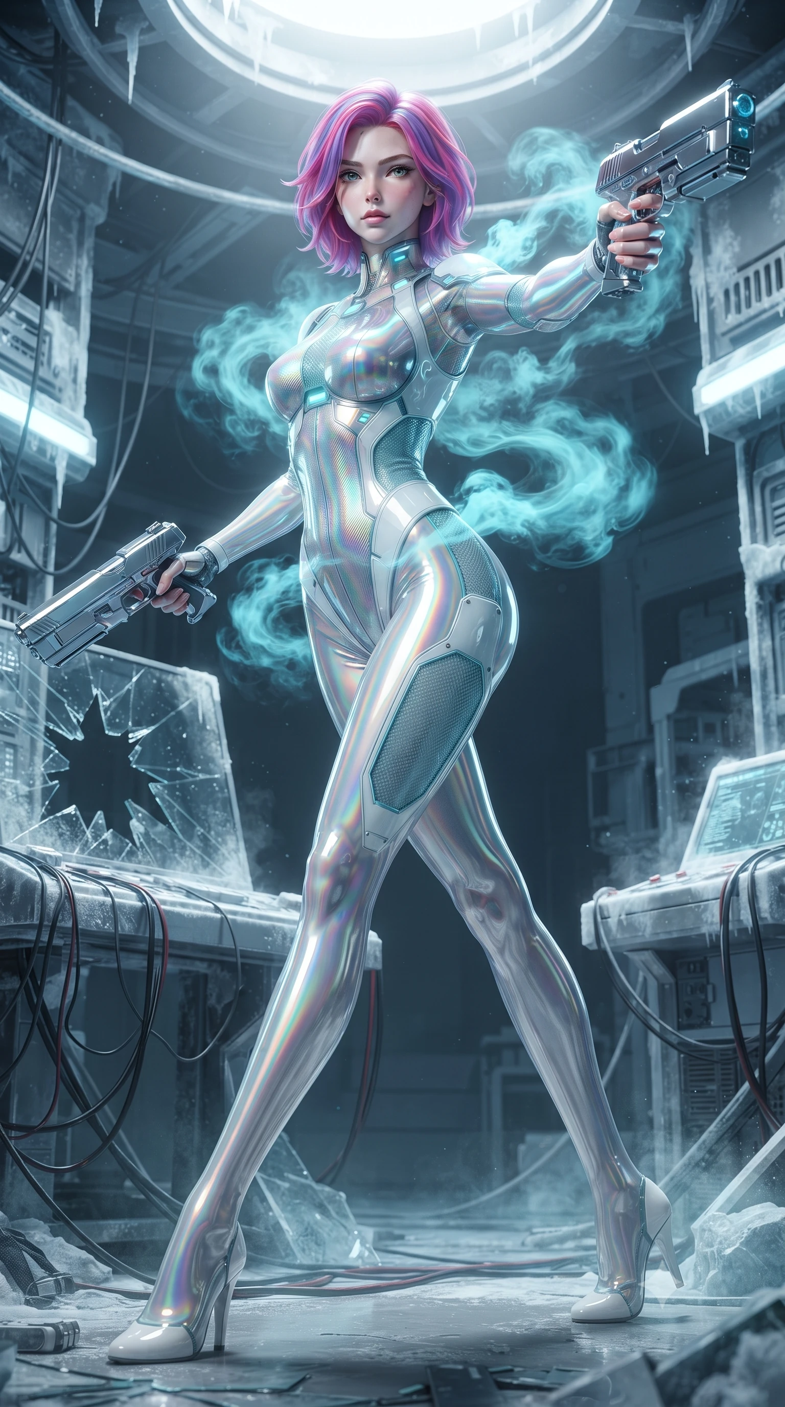 score_9, masterpiece, best quality, ultra-detailed, high-budget anime keyframe, editorial fashion photography, tasteful artistic composition, Caucasian woman. low angle full-body shot from head to toe showing her feet, filling the entire 9:16 vertical frame with her statuesque presence, stretching her vertical silhouette. pivoting dynamically in mid-motion with a breathtakingly alluring posture, displaying her flawless model proportions, toned flat midriff, and ultra-slim waist while stretching her slender torso in an alluring S-curve as cyan cryo-mist billows gracefully around her bare shoulders and waist. The surrounding environment is rendered in vivid detail and crisp panoramic clarity. high-contrast arctic chiaroscuro and sleek high-tech laboratory ruin captured with precision. She has an absolutely perfect, statuesque 8.5-heads proportion, an exceptionally tall and slender model-like female figure with impossibly long slender legs, a toned flat midriff, and an ultra-slim waist. sharp v-shaped jawline, high-bridge nose, intricate jewel-like eyes with depth, thick eyelashes, glossy lips with a natural sheen, flawlessly proportioned anatomical accuracy, strict slender model proportions, natural body alignment, perfectly sculpted long slender limbs, ultra-slim waistline, clean dynamic posture without body distortion. wearing a high-gloss iridescent rainbow carbon-weave bodysuit with translucent cybernetic panels, brandishing dual sleek chrome particle beam pistols in a dynamic combat stance in glacial ice-cyan carbon mesh with pure white armor plates, made of liquid carbon-jersey fabric adhering flawlessly to her sculpted silhouette, featuring a sleek aerodynamic collar framed by subtle glowing cybernetic status LEDs, the sleek second-skin cut tightly hugging her graceful clavicle, narrow waist, and feminine curves with athletic precision. bathed in glowing cyan cryo-energy spear radiance and cool white emergency strobe lighting. ultra-reflective glossy finish, specular highlights, dark metallic sheen, high-contrast stereoscopic depth, volumetric dynamic lighting, 2k, ultra detail, master piece, 9:16 ratio