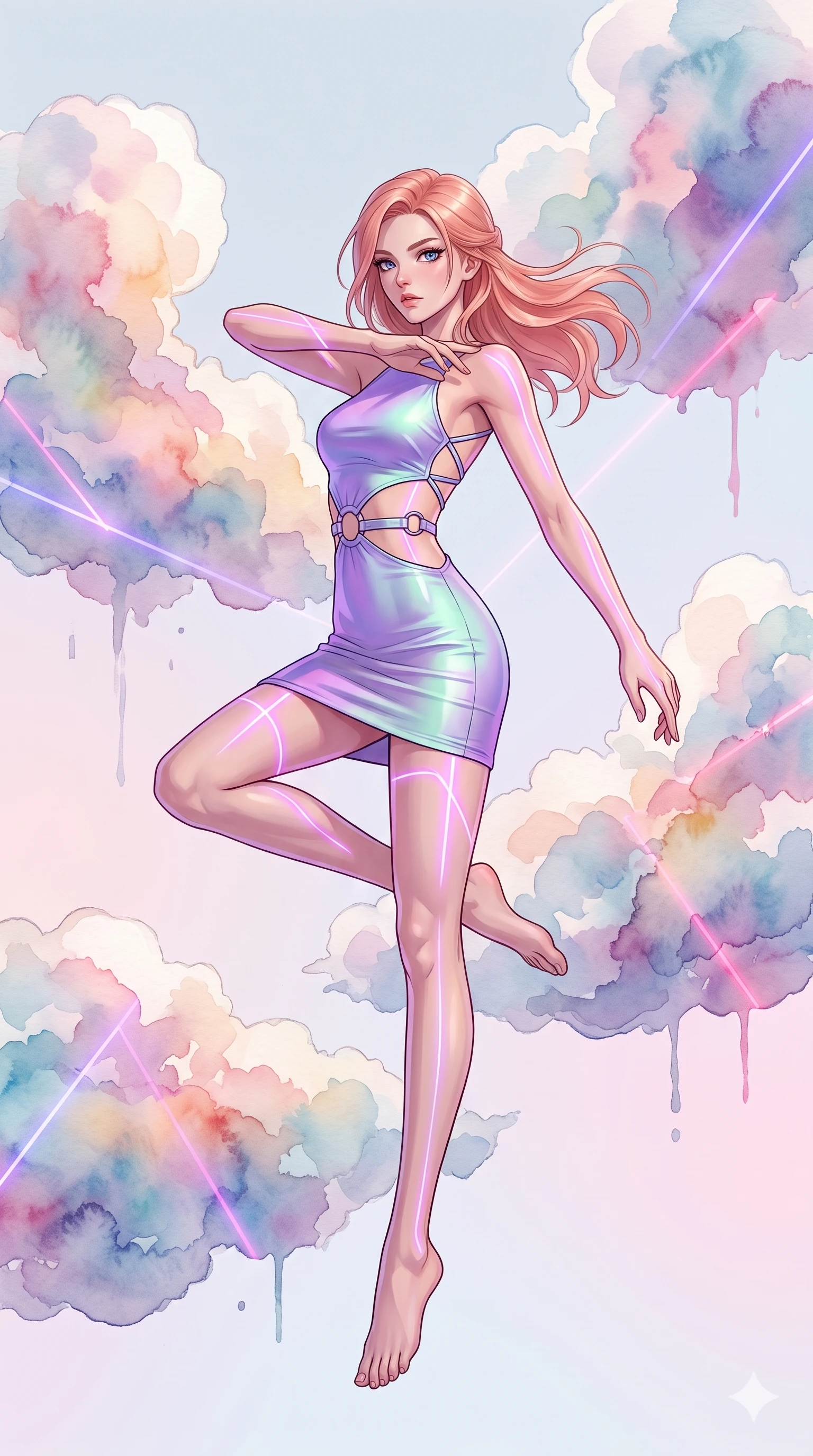 score_9, masterpiece, best quality, ultra-detailed, high-budget anime keyframe, editorial fashion photography, tasteful artistic composition, Japanese woman. low angle full-body shot from head to toe showing her feet, filling the entire 9:16 vertical frame with her statuesque presence, stretching her vertical silhouette. pirouetting mid-air inside floating among enormous clouds that are made of spreading watercolor washes in soft pastel tones each cloud a living painting that bleeds and blooms color into the surrounding atmosphere. She has a statuesque 8.5-heads proportion, an exceptionally tall, slender and willowy model-like build with impossibly long legs and a highly sculpted ultra-slim waist. sharp v-shaped jawline, high-bridge nose, intricate jewel-like eyes with depth, thick eyelashes, glossy lips with a natural sheen. wearing a bodycon mini dress in an iridescent violet-to-mint gradient, with a waist cutout framed by chrome ring hardware and a strappy back. laser lines of violet and hot pink reflecting off surfaces casting geometric neon highlights. 2k, ultra detail, master piece, 9:16 ratio