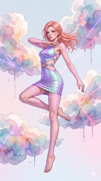 score_9, masterpiece, best quality, ultra-detailed, high-budget anime keyframe, editorial fashion photography, tasteful artistic composition, Japanese woman. low angle full-body shot from head to toe showing her feet, filling the entire 9:16 vertical