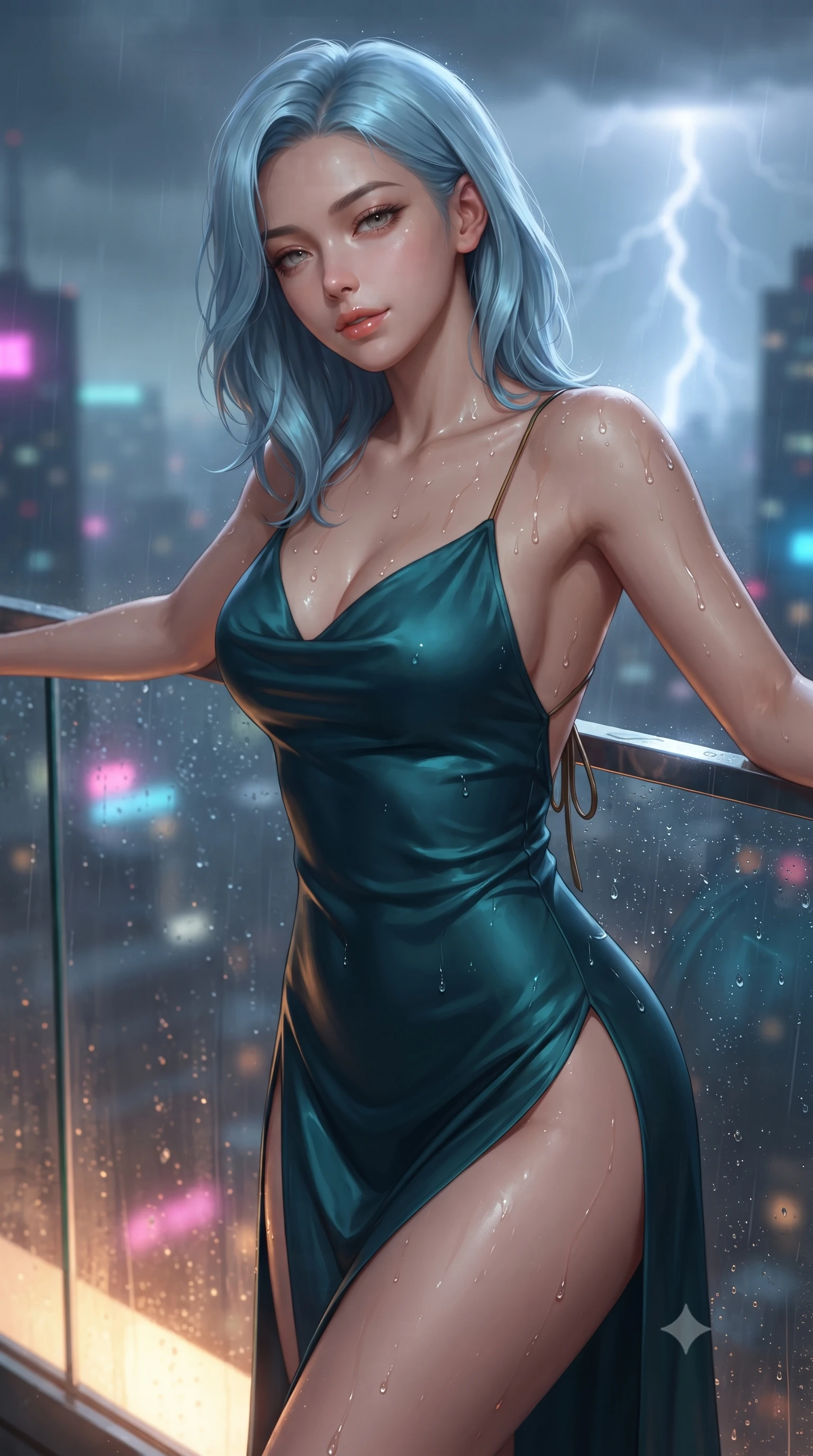 score_9, masterpiece, best quality, ultra-detailed, high-budget anime keyframe, editorial fashion photography, tasteful artistic composition, Korean woman. close-up cowboy shot from the waist and thighs up, the character dominates the composition, filling the frame with her large presence. leaning back against the balustrade with relaxed seductive grace, head tilted back slightly while casting a hypnotic, heavy-lidded gaze while leaning against the infinity edge glass wall overlooking the stormy neon city with hips cocked back, looking back with smoldering eyes. The background shows a soft-focus glass balcony railings softened in dramatic high-altitude atmospheric shallow focus. She has an exceptionally elegant, slender, and willowy female figure with an ultra-slim waist, flat toned midriff, narrow ribcage, and sculpted feminine hips creating an alluring, slim hourglass silhouette without bulk. sharp v-shaped jawline, high-bridge nose, sparkling eyes with hypnotic seductive depth, thick curled eyelashes, glossy parted lips with a natural dewy peach sheen, alluring bedroom-eyes with an enchanting coquettish smile, exuding magnetic siren charisma and sophisticated glamour, flawlessly proportioned anatomical accuracy, strict slender model proportions, natural body alignment, perfectly sculpted long slender limbs, ultra-slim waistline, clean dynamic posture without body distortion. wearing a plunging cowl-neck liquid silk satin slip gown with daring hip-high double slits and delicate back ties in deep peacock teal and burnished antique brass, crafted from fluid liquid silk satin that clings smoothly to every curve with a dewy sheen, finished with glistening drops of pool water beading across her sculpted shoulders and collarbones, the second-skin tailored fabric adhering flawlessly to her sculpted flat midriff and slender torso, emphasizing her long leg lines and perfectly proportioned willowy build. bathed in warm underwater thermal tub illumination paired with sudden lightning flash strobes from the storm. ultra-reflective glossy finish, specular highlights, rich textural contrasts, high-contrast stereoscopic depth, volumetric dynamic lighting, 2k, ultra detail, master piece, 9:16 ratio