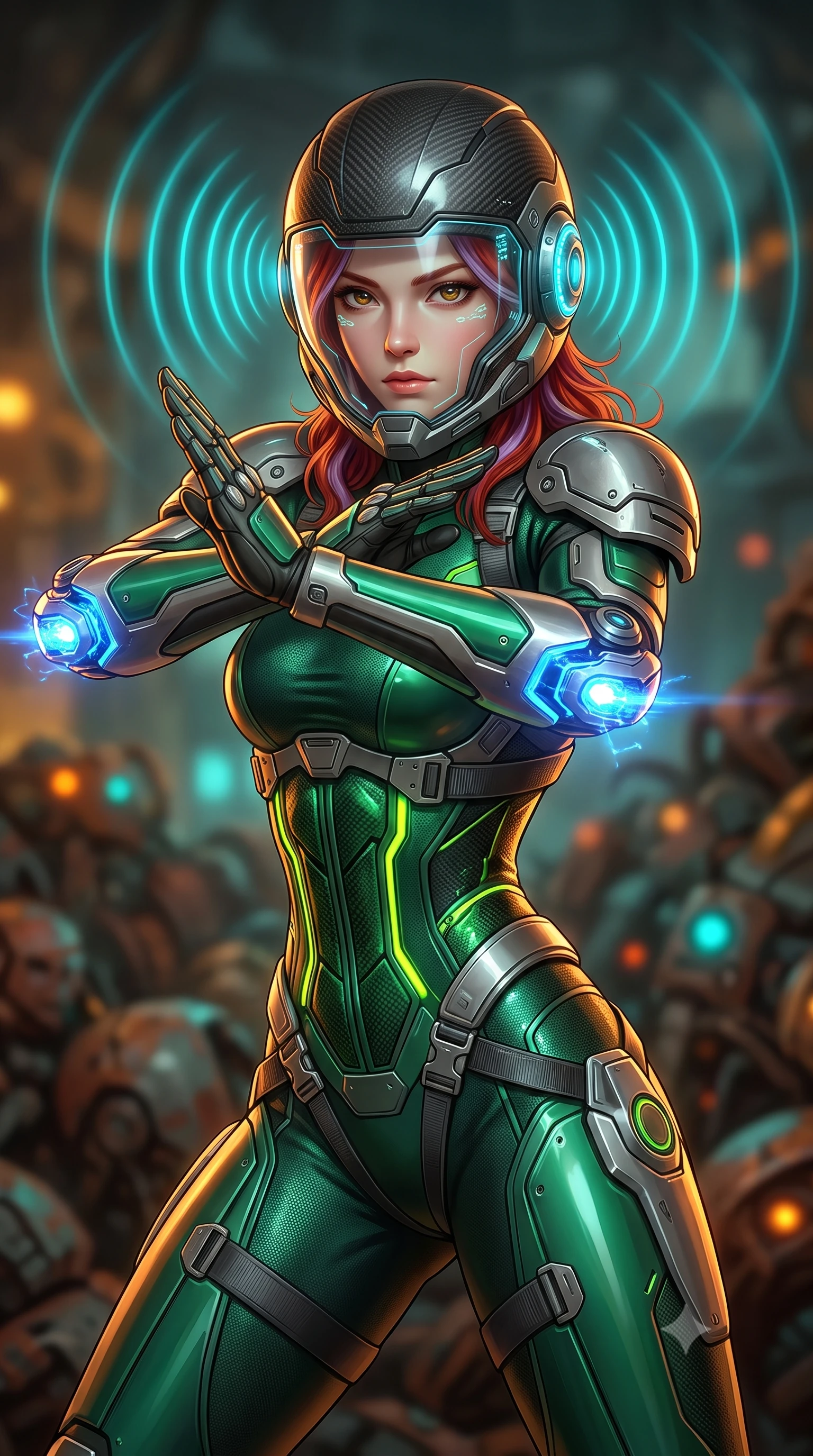 score_9, masterpiece, best quality, ultra-detailed, high-budget anime keyframe, semi-realistic 3D game render, editorial fashion photography, tasteful artistic composition, Caucasian woman. close-up cowboy shot from the waist and thighs up, the character dominates the composition, filling the frame with her large presence. twisting her upper body in a dynamic S-curve martial arts stance, cybernetic elbow dampers glowing with blue energy as she aims a focused palm strike while pivoting dynamically as her cybernetic ear-sensor crown pulses with rhythmic cyan sonar waves that ripple through the gloom. The composition keeps background elements in soft focus with creamy bokeh. mountains of rusted android parts and blinking indicator lights blurred into rich amber, turquoise, and rust bokeh. She has an exceptionally elegant, slender, and willowy female figure with an ultra-slim waist, a gracefully sculpted slender torso, toned flat midriff, and a refined slim silhouette. sharp v-shaped jawline, high-bridge nose, intricate jewel-like eyes with depth, thick eyelashes, glossy lips with a natural sheen, fierce and resolute heroine expression, flawlessly proportioned anatomical accuracy, strict slender model proportions, natural body alignment, perfectly sculpted long slender limbs, ultra-slim waistline, clean dynamic posture without body distortion. wearing an open-face aerodynamic carbon-fiber combat helmet with a retracted transparent holographic HUD visor framing her sharp jawline and jewel-like eyes, paired with a statuesque high-fashion cyber-warrior armor suit with platinum bevels, heavy articulated shoulder guards, and an ultra-slim waist-cinching corset in toxic emerald green carbon composite with glowing lime warning channels, made of liquid carbon-jersey fabric accentuating every curve of her tall, slender model proportions, reinforced by a heavy-duty titanium tactical harness and glowing micro-energy status straps, the liquid-tight tailored fabric emphasizing every curve of her tall, slender model proportions and sculptured silhouette during dynamic movement. bathed in atmospheric amber emergency lighting and pulsing cyan sonar crown glow. rich saturated anime colors with glowing neon highlights, detailed shading with soft gradients, rich glossy textures, high-contrast stereoscopic depth, volumetric dynamic lighting, master piece, 9:16 ratio