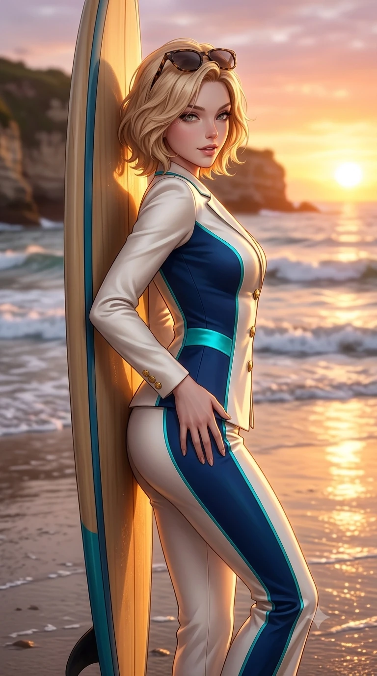 score_9, masterpiece, best quality, ultra-detailed, high-budget anime keyframe, semi-realistic 3D game render, editorial fashion photography, tasteful artistic composition, Caucasian woman. close-up cowboy shot from the waist and thighs up, the character dominates the composition, filling the frame with her large presence. tilting her head with a teasing half-smile, running one hand slowly down the side of her hip in a flirtatious S-curve as ambient light caresses her silhouette while leaning against the standing surfboard with hips cocked back, looking back over a bare shoulder with an alluring, parted-lip smile as waves wash past. The background shows a soft-focus rolling sunset surf waves, limestone cove cliffs, and fiery orange evening sky blurred into coral, lavender, and honey bokeh. She has an exceptionally elegant, slender, and willowy female figure with an ultra-slim waist, flat toned midriff, narrow ribcage, and sculpted feminine hips creating an alluring, slim hourglass silhouette without bulk. sharp v-shaped jawline, high-bridge nose, sparkling eyes with hypnotic seductive depth, thick curled eyelashes, glossy parted lips with a natural dewy peach sheen, alluring bedroom-eyes with an enchanting coquettish smile, exuding magnetic siren charisma and sophisticated glamour, flawlessly proportioned anatomical accuracy, strict slender model proportions, natural body alignment, perfectly sculpted long slender limbs, ultra-slim waistline, clean dynamic posture without body distortion. wearing a structured Riviera tailored pantsuit in liquid ivory silk with golden nautical button accents in deep Capri grotto sapphire and glowing electric teal, tailored from second-skin technical compression neoprene with athletic curve-sculpting stretch, complemented by oversized designer tortoiseshell sunglasses resting atop her head, the impeccably tailored cut draping gracefully along her slender figure with aristocratic resort poise. illuminated by mirror-like wet sand bounce and sharp molten-gold rim lighting defining her jawline, flat midriff, and voluptuous hip curves. highly saturated vibrant anime colors, detailed shading with soft gradients, rich glossy textures, high-contrast stereoscopic depth, volumetric dynamic lighting, master piece, 9:16 ratio