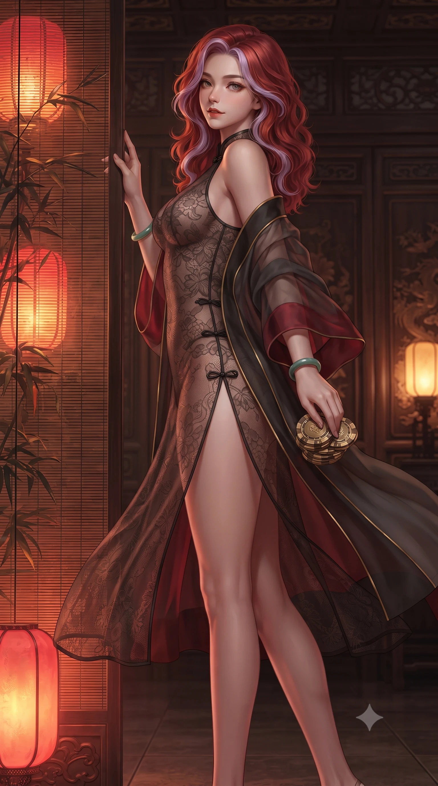 score_9, masterpiece, best quality, ultra-detailed, high-budget anime keyframe, editorial fashion photography, tasteful artistic composition, Caucasian woman. low angle full-body shot from head to toe showing her feet, filling the entire 9:16 vertical frame with her statuesque presence, stretching her vertical silhouette. executing a slow, graceful pivot turn as her skirt sways around her slender legs, glancing back with an enchanting, teasing sensual expression while twisting her slender torso in an alluring contrapposto stance beside the smoky bamboo screen, red lantern glow tracing her curves. The surrounding environment is rendered in vivid detail and crisp panoramic clarity: detailed sheer cheongsam-inspired lace bodysuit weave, jade bracelet shine, and antique parlor craftsmanship in razor-sharp precision. She has an absolutely perfect, statuesque 8.5-heads proportion, an exceptionally tall and slender model-like female figure with impossibly long slender legs, an ultra-slim waist, a flat toned midriff, narrow delicate ribcage, and beautifully sculpted feminine hips creating a graceful, slim hourglass silhouette without any bulky heaviness. sharp v-shaped jawline, high-bridge nose, sparkling eyes with hypnotic seductive depth, thick curled eyelashes, glossy parted lips with a natural dewy peach sheen, alluring bedroom-eyes with an enchanting coquettish smile, exuding magnetic siren charisma and sophisticated glamour, flawlessly proportioned anatomical accuracy, strict slender model proportions, natural body alignment, perfectly sculpted long slender limbs, ultra-slim waistline, clean dynamic posture without body distortion. wearing a delicate semi-sheer botanical lace teddy layered under an open lightweight linen kimono draped over bare shoulders in rich cherry lacquer and smoky charcoal with gold piping, made of sheer gossamer chiffon that drapes softly against skin with airy translucence, accented with a stack of engraved gold casino plaques held loosely in one hand, the liquid-tight tailored fabric clinging flawlessly to her narrow waist and rounded feminine hips, emphasizing every millimeter of her sculpted slim hourglass curves without any bulky heaviness. bathed in warm moody crimson-and-amber illumination spilling from low-hanging silk lanterns. ultra-reflective glossy finish, specular highlights, rich textural contrasts, high-contrast stereoscopic depth, volumetric dynamic lighting, 2k, ultra detail, master piece, 9:16 ratio