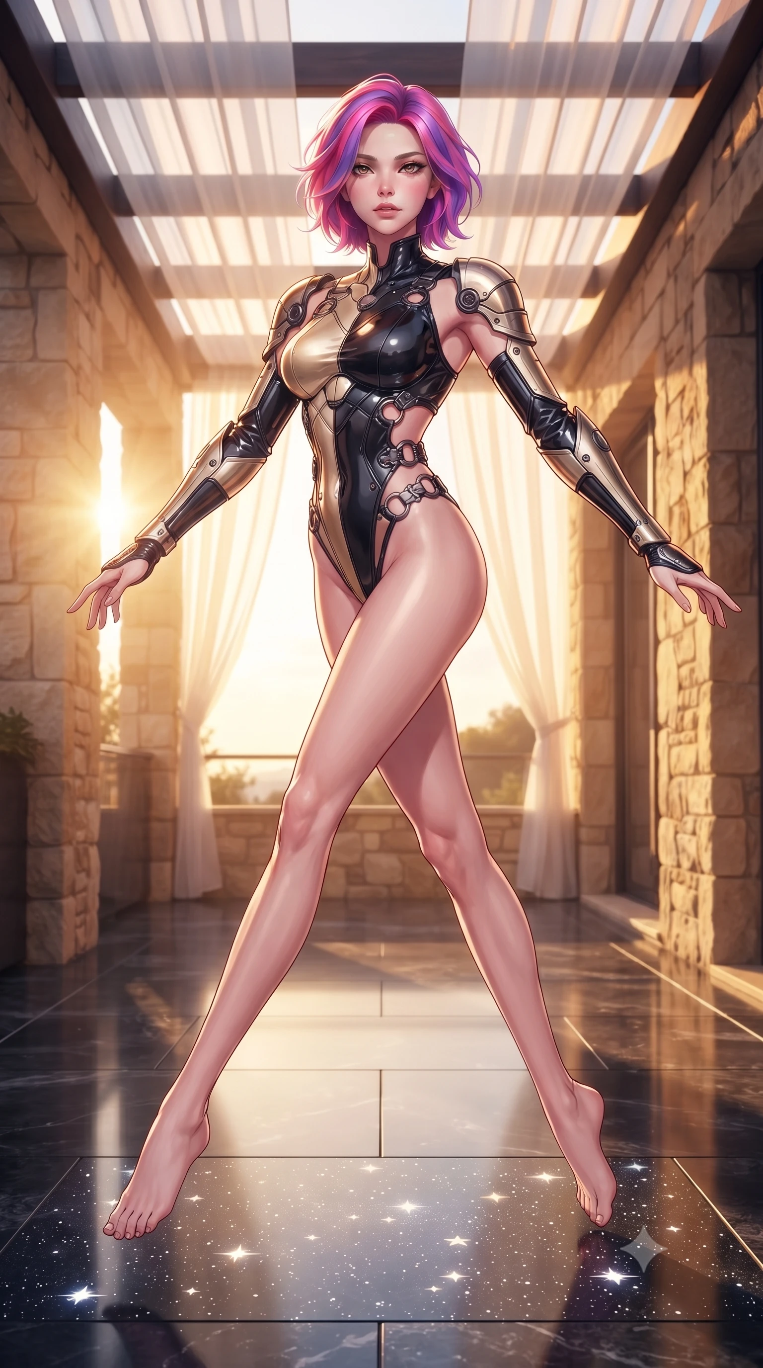 score_9, masterpiece, best quality, ultra-detailed, high-budget anime keyframe, editorial fashion photography, tasteful artistic composition, Caucasian woman. low angle full-body shot from head to toe showing her feet, filling the entire 9:16 vertical frame with her statuesque presence, stretching her vertical silhouette. leaping dynamically through the starry space, her posture full of power and elegance, poised beneath a sheer linen pergola as golden-hour sunbeams flood the terrace, effortless European resort luxury aesthetic. She has an absolutely perfect, statuesque 8.5-heads proportion, an exceptionally tall and slender model-like female figure with impossibly long slender legs and an ultra-slim waist. sharp v-shaped jawline, high-bridge nose, intricate jewel-like eyes with depth, thick eyelashes, glossy lips with a natural sheen. wearing asymmetric high-cut cyber-bodysuit with detached sleeves in onyx black in champagne gold, made of high-gloss liquid vinyl, trimmed with dark chrome ring hardware along the waist contours, following her slender form with tailored precision. illuminated by rich amber daylight and warm fill light from stone walls. highly saturated vibrant anime colors, detailed shading with soft gradients, rich glossy textures, high-contrast stereoscopic depth, volumetric dynamic lighting, master piece, 9:16 ratio