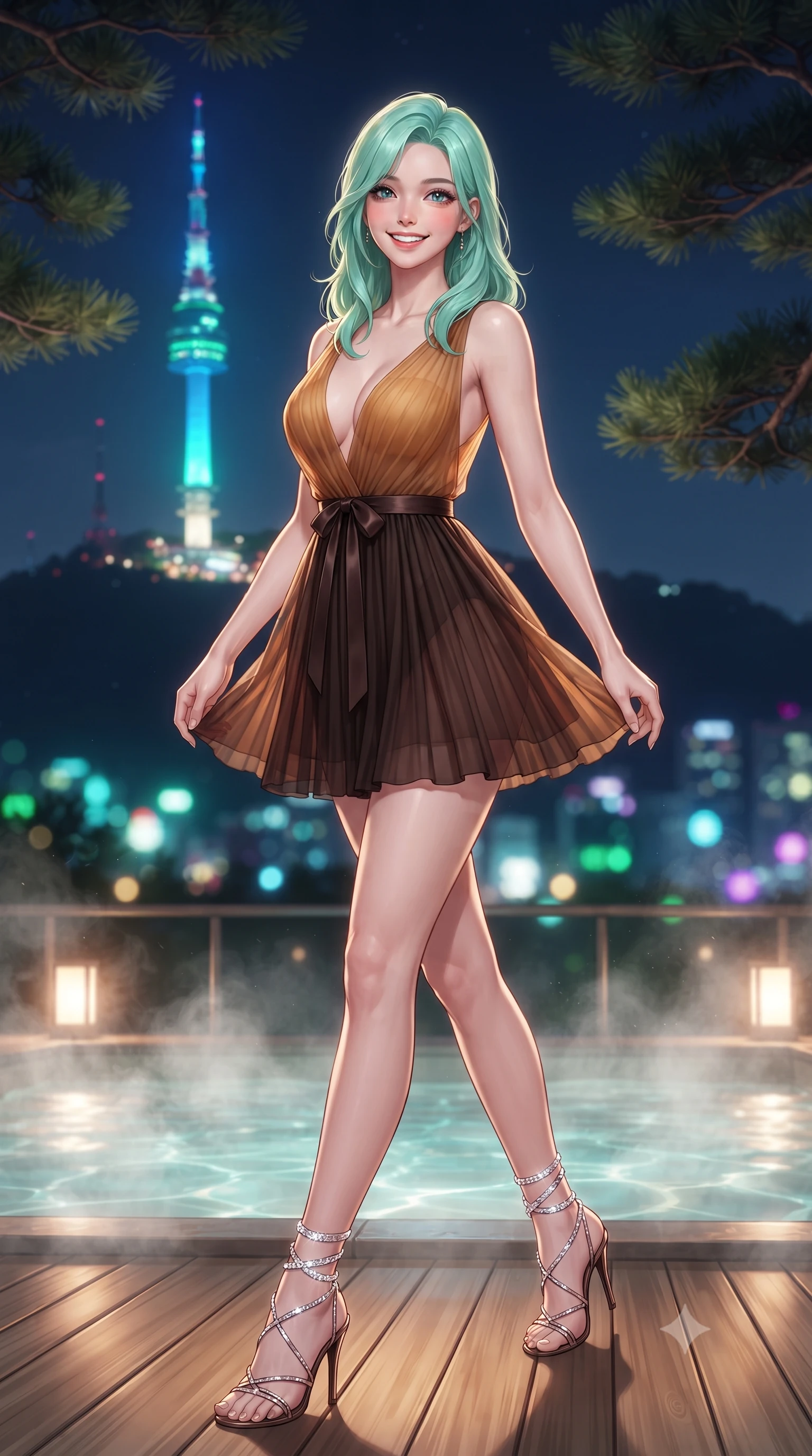 score_9, masterpiece, best quality, ultra-detailed, high-budget anime keyframe, editorial fashion photography, tasteful artistic composition, Japanese woman. low angle full-body shot from head to toe showing her feet, filling the entire 9:16 vertical frame with her statuesque presence, stretching her vertical silhouette. stepping forward in a confident stride, her long slender legs and curvaceous hips creating a dynamic, sweeping vertical line while standing poised on the aromatic hinoki wood deck as steam rises into the crisp night air, arching her spine with siren allure as N Seoul Tower blazes above. The background shows a soft-focus iconic glowing blue-and-green beacon of N Seoul Tower atop Namsan mountain, moonlit pine canopies, and distant city lights blurred into emerald, turquoise, and violet bokeh. She has an exceptionally tall and slender model-like 8.5-heads proportion, an ultra-slim waist, a flat toned midriff, narrow delicate ribcage, and beautifully sculpted feminine hips creating a graceful, slim hourglass silhouette without any bulky heaviness, with impossibly long slender legs. sharp v-shaped jawline, high-bridge nose, intricate jewel-like sparkling eyes with depth, thick eyelashes, glossy parted lips with a natural peach sheen, bright cheerful beaming smile with an enchanting and coquettish sensual glint, exuding both youthful cute charm and seductive allure, flawlessly proportioned anatomical accuracy, strict slender model proportions, natural body alignment, perfectly sculpted long slender limbs, ultra-slim waistline, clean dynamic posture without body distortion. wearing a sheer pleated chiffon baby-doll dress with a plunging sweetheart neckline and satin ribbon waist tie in Hannam-dong glowing amber and rich dark espresso, made of fluid liquid jersey with seamless sculpting hold and smooth contours, complemented by strappy stiletto sandals with crystal ankle wraps accentuating her slender calves, the glove-like clinging cut tightly following the natural contour of her hips and long slender legs with youthful 8.5-heads elegance. illuminated by thermal pool surface caustics and sharp pearlescent rim lights sculpting her jawline, narrow waist, and curvy hips. ultra-reflective glossy finish, specular highlights, rich textural contrasts, high-contrast stereoscopic depth, volumetric dynamic lighting, 2k, ultra detail, master piece, 9:16 ratio