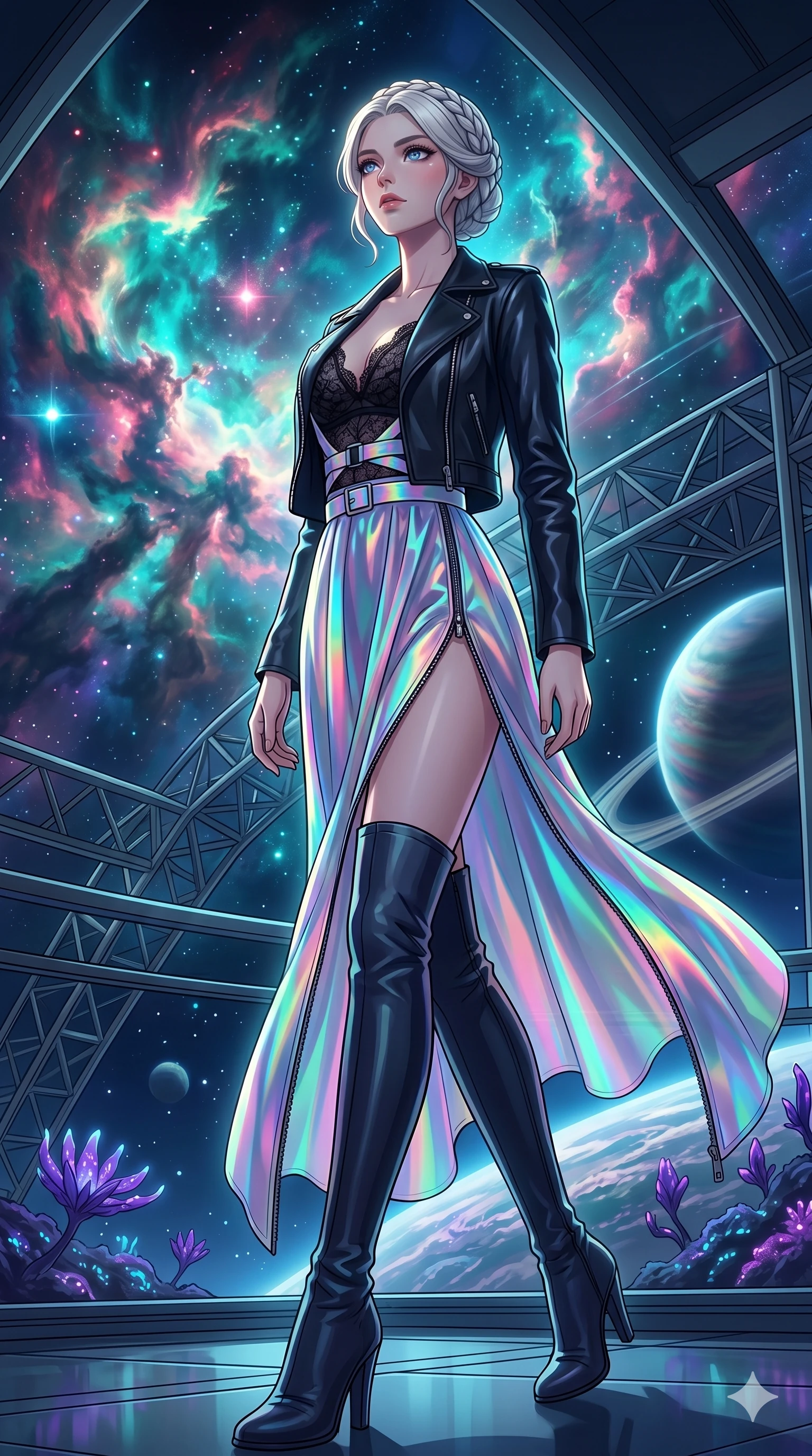 score_9, masterpiece, best quality, ultra-detailed, High-budget Anime Keyframe, vibrant colors, fluid line-art, expressive lighting, cinematic composition, Ufotable-style visual effects, top-tier animation quality, Japanese woman with delicate and elegant anime-inspired features. Low angle cowboy shot filling the entire 9:16 frame with her statuesque presence, looking up to emphasize her height. Observing the slow birth of a new nebula from her private balcony on a space station, the colors reflecting in her eyes. She has an absolutely perfect 8-heads proportion, an exceptionally tall and slender female figure with impossibly long slender legs and an ultra-slim waist, her statuesque height and towering silhouette dominating the vertical 9:16 frame. Her face is a masterpiece featuring a sharp v-shaped jawline, high-bridge nose, intricate jewel-like eyes with depth, thick eyelashes, and glossy lips with a natural sheen. She is wearing a stylishly unzipped leather jacket over a delicate lace top and a stylish belt harness crafted from Holographic chiffon that changes color with every movement, creating a rainbow effect, with a dangerous high slit that showcases her impossibly long slender legs. The scene is set in a mysterious alien planet with bioluminescent purple flora and a giant ringed planet in the sky, illuminated by cinematic lighting with dramatic rim light that highlights her slender silhouette. 2k, ultra detail, master piece, 9:16 ratio