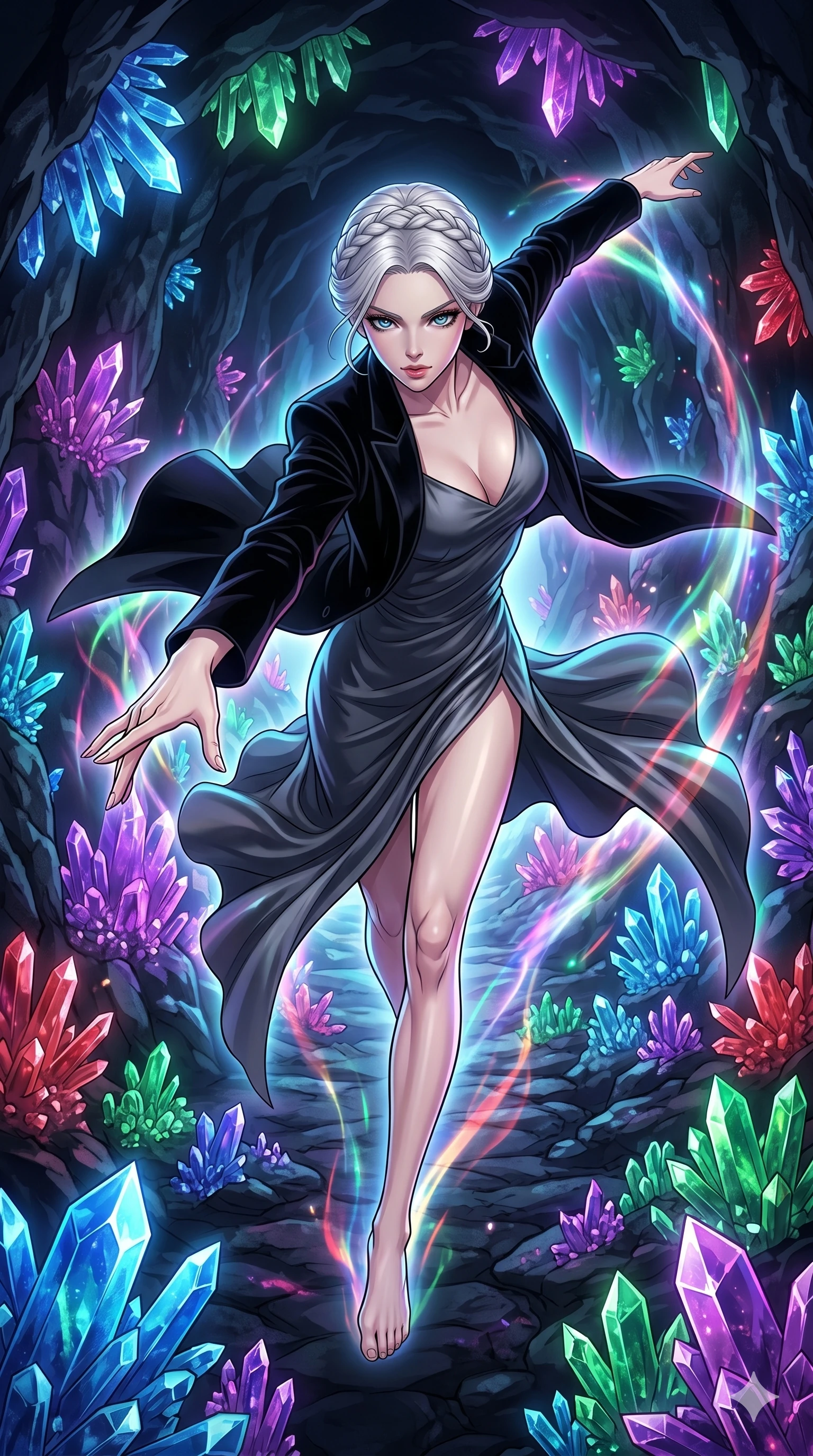 score_9, masterpiece, best quality, ultra-detailed, high-budget anime movie keyframe, cinematic anime lighting, intricate line art, Japanese anime girl. Extreme high angle shot as she leaps towards the camera, filling the frame. performing a dance of light in a cave of glowing crystals. She has an absolutely perfect 8-heads proportion, an exceptionally tall and slender female figure with an ultra-slim waist and impossibly long slender legs. strictly human anatomy, two legs only, no extra limbs, clearly defined legs and arms, perfect anatomy, perfect hands and fingers. sharp v-shaped jawline, high-bridge nose, intricate jewel-like eyes, thick eyelashes, glossy lips. Wearing High-Fashion Editorial: Silk slip dress with high side slit, backless velvet gown, and structured blazer with nothing underneath. The scene is illuminated by dramatic atmospheric lighting and vibrant color palettes. , 2k, ultra detail, master piece, 9:16 ratio