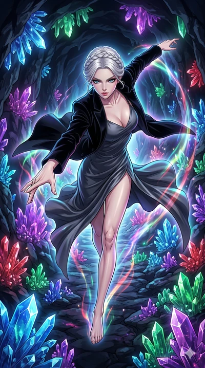 score_9, masterpiece, best quality, ultra-detailed, high-budget anime movie keyframe, cinematic anime lighting, intricate line art, Japanese anime girl. Extreme high angle shot as she leaps towards the camera, filling the frame. performing a dance of