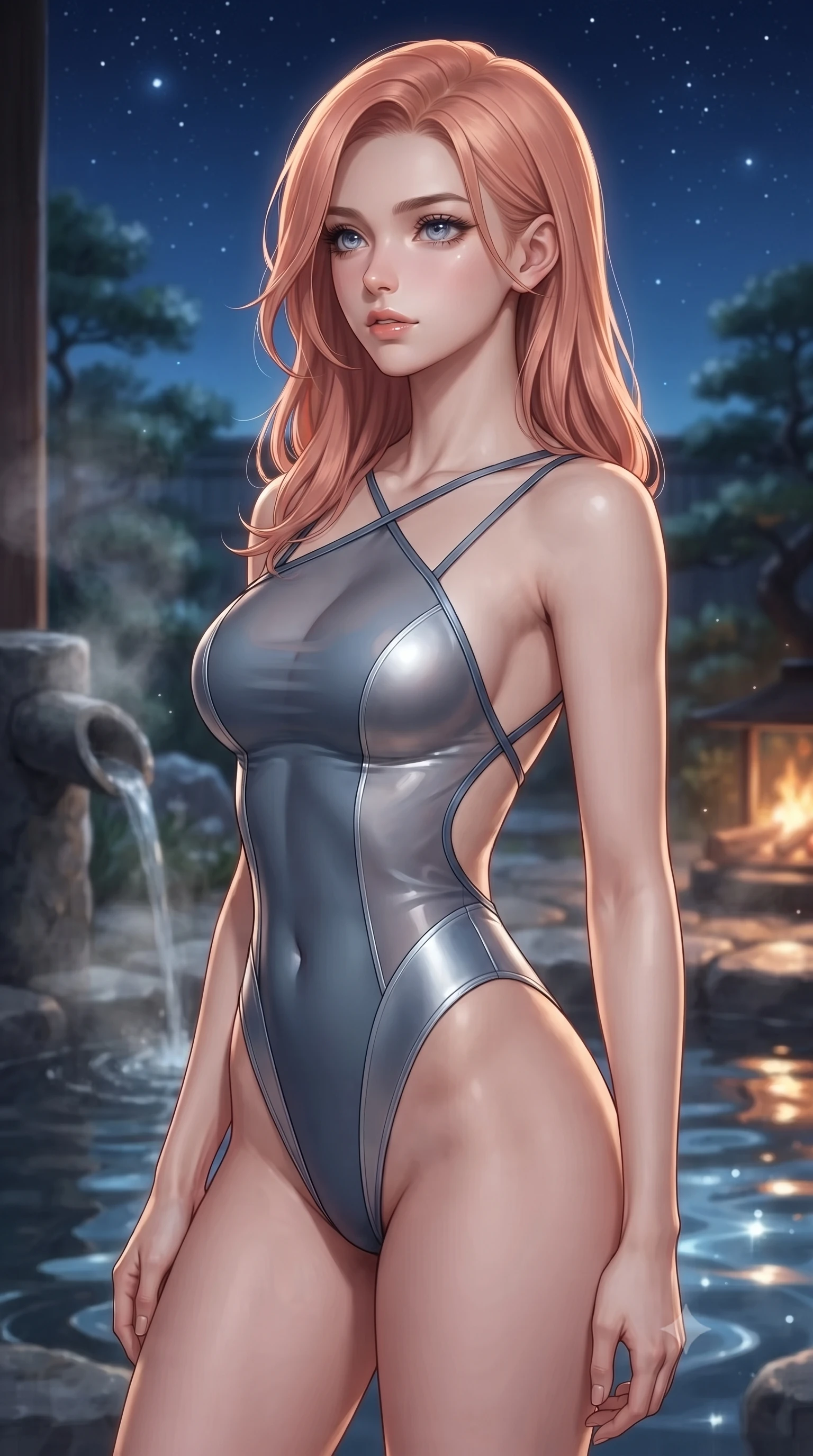 score_9, masterpiece, best quality, ultra-detailed, high-budget anime keyframe, editorial fashion photography, tasteful artistic composition, Japanese woman. close-up cowboy shot from the waist and thighs up, the character dominates the composition, filling the frame with her large presence, background elements kept in soft focus. Gazing past the camera with an air of effortless elegance and mysterious confidence standing near a stone water spout with gentle steam rising in a moonlit Japanese garden, water ripples glistening under a clear starry night sky. She has an exceptionally elegant, slender, and willowy female figure with an ultra-slim waist, a gracefully sculpted slender torso, and a refined silhouette. sharp v-shaped jawline, high-bridge nose, intricate jewel-like eyes with depth, thick eyelashes, glossy lips with a natural sheen. wearing a high-cut translucent vinyl leotard with front paneling and open back in slate blue and metallic silver, crafted from smooth liquid silk, complemented by criss-cross back straps highlighting her bare shoulders, the sleek second-skin texture accentuating her magnetic presence. illuminated by serene silver moonlight and warm amber hearth reflections. highly saturated vibrant anime colors, detailed shading with soft gradients, rich glossy textures, high-contrast stereoscopic depth, volumetric dynamic lighting, master piece, 9:16 ratio