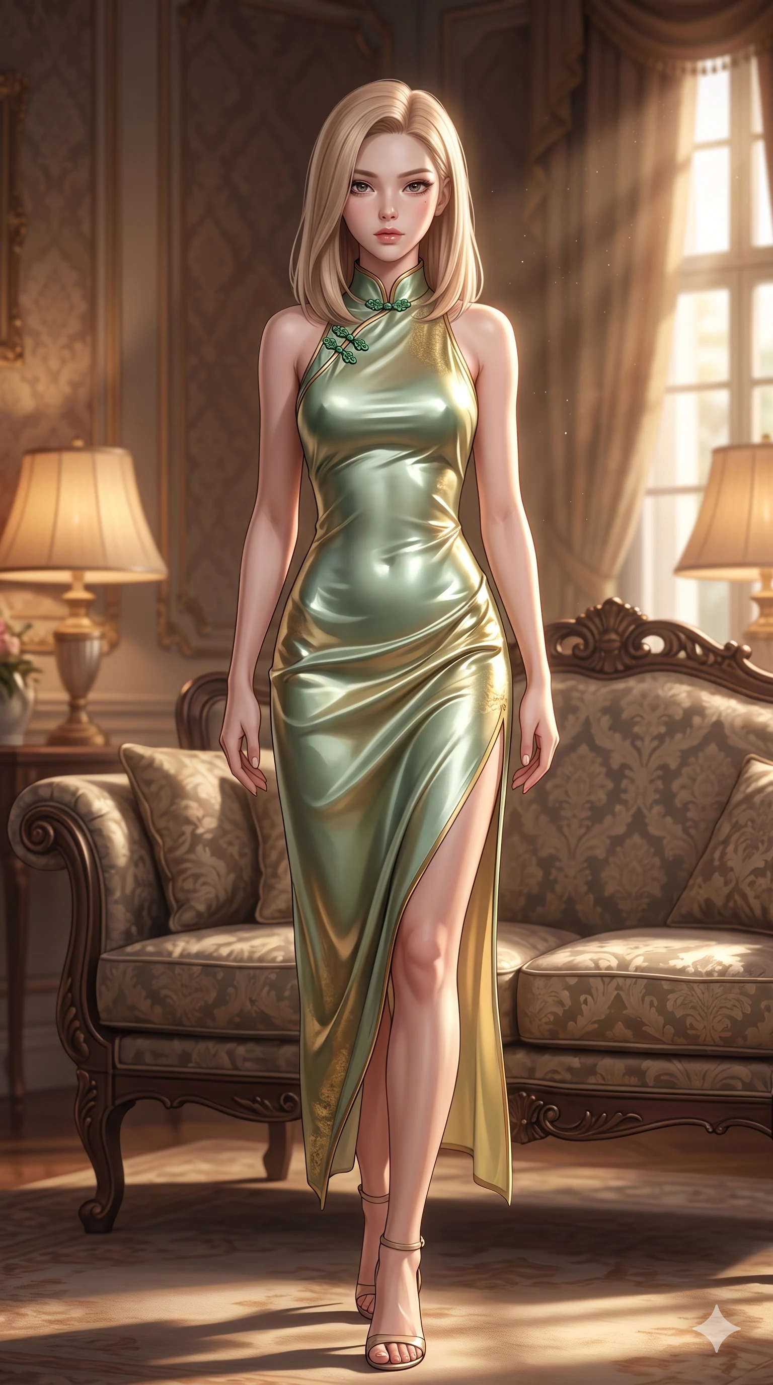 score_9, masterpiece, best quality, ultra-detailed, high-budget anime keyframe, semi-realistic 3D game render, editorial fashion photography, tasteful artistic composition, Korean woman. low angle full-body shot from head to toe showing her feet, filling the entire 9:16 vertical frame with her statuesque presence, stretching her vertical silhouette. stepping slowly toward the camera with hypnotic grace, hips swaying in an alluring sensual rhythm that accentuates her curvy hourglass silhouette and long slender legs while lounging languidly across a damask-upholstered wrought-iron settee, her flat midriff and feminine hips bathed in soft golden afternoon light. The background shows a soft-focus vintage aristocratic salon atmosphere softened in damask salon shallow focus. She has an exceptionally tall and slender model-like 8.5-heads proportion, an ultra-slim waist, a flat toned midriff, narrow delicate ribcage, and beautifully sculpted feminine hips creating a graceful, slim hourglass silhouette without any bulky heaviness, with impossibly long slender legs. sharp v-shaped jawline, high-bridge nose, intricate jewel-like sparkling eyes with depth, thick eyelashes, glossy parted lips with a natural sheen, intensely captivating and seductive bedroom-eyes expression, exuding both youthful cute charm and sovereign luxury allure, flawlessly proportioned anatomical accuracy, strict slender model proportions, natural body alignment, perfectly sculpted long slender limbs, ultra-slim waistline, clean dynamic posture without body distortion. wearing a form-contouring gossamer silk chiffon slip dress with a hip-high slit and open cowl back clinging with dewy moisture in celadon jade and antique gold-leaf, tailored from high-gloss patent leather with mirror-like specular highlights, finished with sleek jade frog closures glinting along her high collar, the form-contouring cut accentuating her sculpted flat midriff, narrow delicate ribcage, and gracefully curvy hips with intoxicating allure. bathed in the soft, intimate warm 2700K ambient light of silk-shaded table lamps mixed with angled window sunbeams. highly saturated vibrant anime colors, detailed shading with soft gradients, rich glossy textures, high-contrast stereoscopic depth, volumetric dynamic lighting, master piece, 9:16 ratio