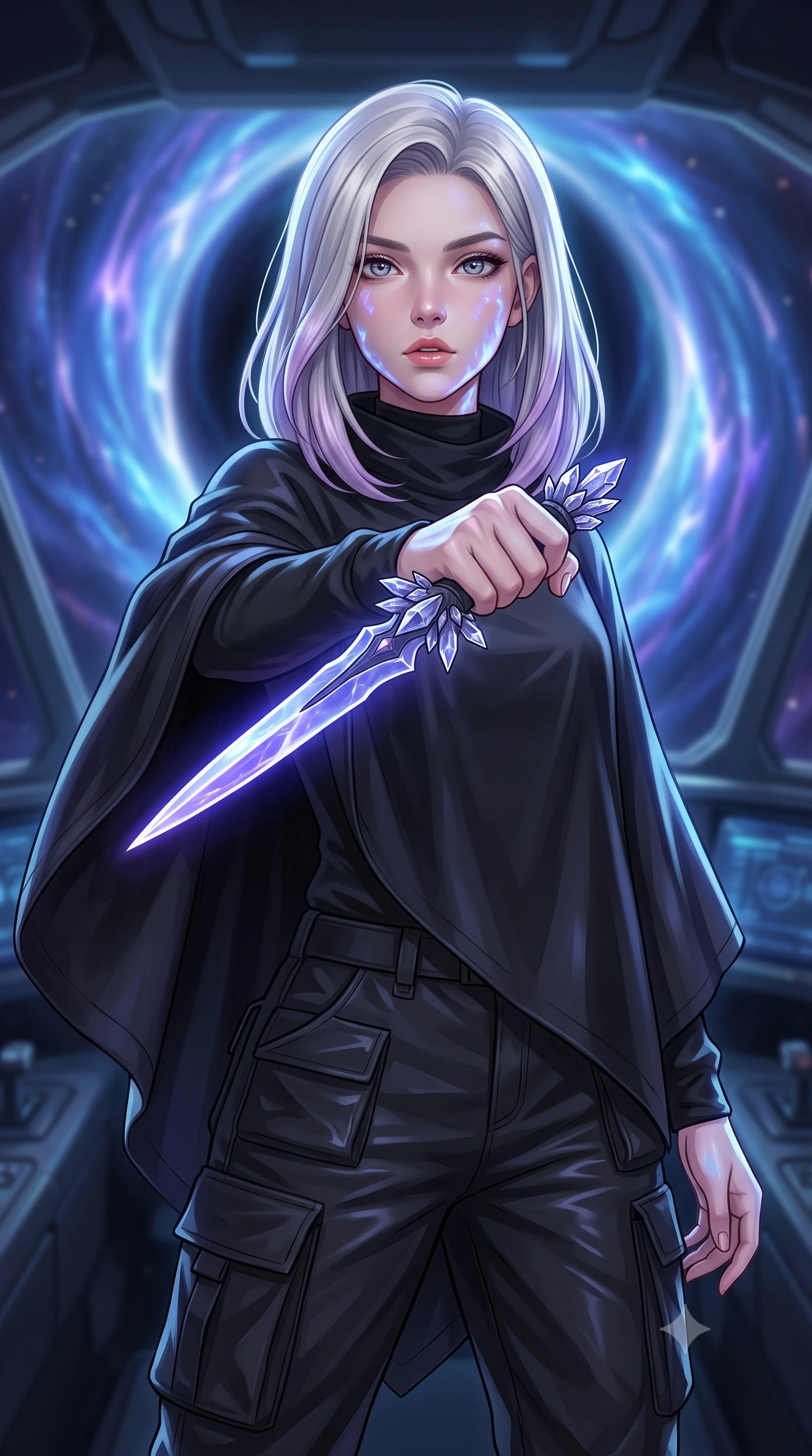 score_9, masterpiece, best quality, ultra-detailed, high-budget anime keyframe, editorial fashion photography, tasteful artistic composition, Caucasian woman. close-up cowboy shot from the waist and thighs up, the character dominates the composition, filling the frame with her large presence, background elements kept in soft focus. pointing a crystal-edged laser dagger forward in a defensive stance, tilting her chin up slightly with lips parted in a composed pose, the background shows a soft-focus a high-tech pilot cockpit facing a swirling gravity well in deep space. She has an exceptionally elegant, slender, and willowy female figure with an ultra-slim waist, a gracefully sculpted slender torso, and a refined silhouette. sharp v-shaped jawline, high-bridge nose, intricate jewel-like eyes with depth, thick eyelashes, glossy lips with a natural sheen. wearing a slim-fit tactical utility poncho in waterproof matte black fabric, worn over a high-neck utility sweater and cargo pants. intense blue and violet light ripples from the singularity casting dynamic reflections. highly saturated vibrant anime colors, detailed shading with soft gradients, rich glossy textures, high-contrast stereoscopic depth, volumetric dynamic lighting, master piece, 9:16 ratio