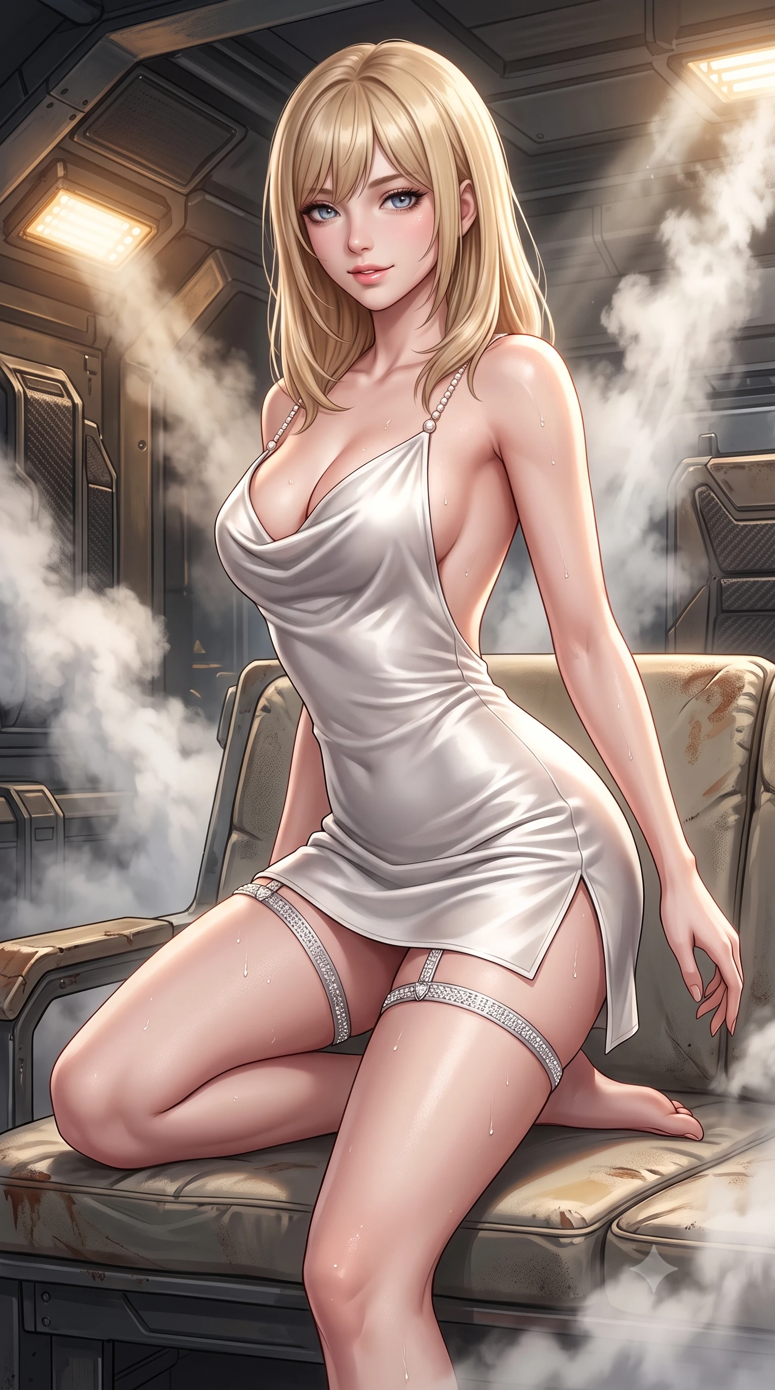 score_9, masterpiece, best quality, ultra-detailed, high-budget anime keyframe, semi-realistic 3D game render, editorial fashion photography, tasteful artistic composition, Japanese woman. close-up cowboy shot from the waist and thighs up, the character dominates the composition, filling the frame with her large presence. perched sideways on the lounge seat, one knee drawn up to showcase her slender leg line while her arched back accentuates her feminine hip curve while twisting her slender torso in an alluring S-curve, high-pressure steam plumes framing her form-fitting tactical suit and curvy hips. The surrounding environment is rendered in vivid detail and crisp panoramic clarity: detailed carbon-fiber armor insert weave, dewy steam droplets on skin, and heavy bunker engineering in razor-sharp resolution. She has an exceptionally elegant, slender, and willowy female figure with an ultra-slim waist, flat toned midriff, narrow ribcage, and sculpted feminine hips creating an alluring, slim hourglass silhouette without bulk. sharp v-shaped jawline, high-bridge nose, sparkling eyes with hypnotic seductive depth, thick curled eyelashes, glossy parted lips with a natural dewy peach sheen, alluring bedroom-eyes with an enchanting coquettish smile, exuding magnetic siren charisma and sophisticated glamour, flawlessly proportioned anatomical accuracy, strict slender model proportions, natural body alignment, perfectly sculpted long slender limbs, ultra-slim waistline, clean dynamic posture without body distortion. wearing a low-cut draped cowl-back satin ballet slip mini dress with dainty pearl spaghetti straps in pure pearl alabaster with liquid platinum sheen, tailored from ultra-plush velvet with rich tactile depth and deep shadow gradients, finished with delicate crystal-encrusted thigh garter straps glinting under the lights, the precision-cut side openings and low-back scoop framing her graceful spine and the sensual sweep of her slim, toned hips. bathed in warm halogen work-lights cutting through dramatic shafts of white pressurized steam. highly saturated vibrant anime colors, detailed shading with soft gradients, rich glossy textures, high-contrast stereoscopic depth, volumetric dynamic lighting, master piece, 9:16 ratio