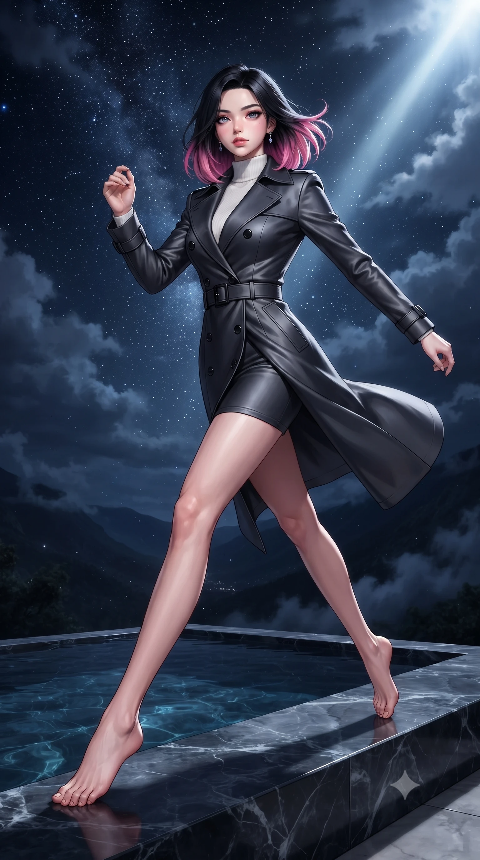 score_9, masterpiece, best quality, ultra-detailed, high-budget anime keyframe, editorial fashion photography, tasteful artistic composition, Korean woman. low angle full-body shot from head to toe showing her feet, filling the entire 9:16 vertical frame with her statuesque presence, stretching her vertical silhouette. leaping dynamically through the starry space, her posture full of power and elegance, poised at the edge of a dark marble infinity pool overlooking a starry valley, magnetic composed gaze directly into the camera with effortless confidence. She has an absolutely perfect, statuesque 8.5-heads proportion, an exceptionally tall and slender model-like female figure with impossibly long slender legs and an ultra-slim waist. sharp v-shaped jawline, high-bridge nose, intricate jewel-like eyes with depth, thick eyelashes, glossy lips with a natural sheen. wearing structured charcoal trench dress over sleek turtleneck in pearl white, made of liquid dark mercury jersey, adorned with minimalist black onyx hardware framing the silhouette, highlighting her statuesque proportions and ultra-slim waistline. lit by a single piercing key ray filtering through soft night clouds. highly saturated vibrant anime colors, detailed shading with soft gradients, rich glossy textures, high-contrast stereoscopic depth, volumetric dynamic lighting, master piece, 9:16 ratio