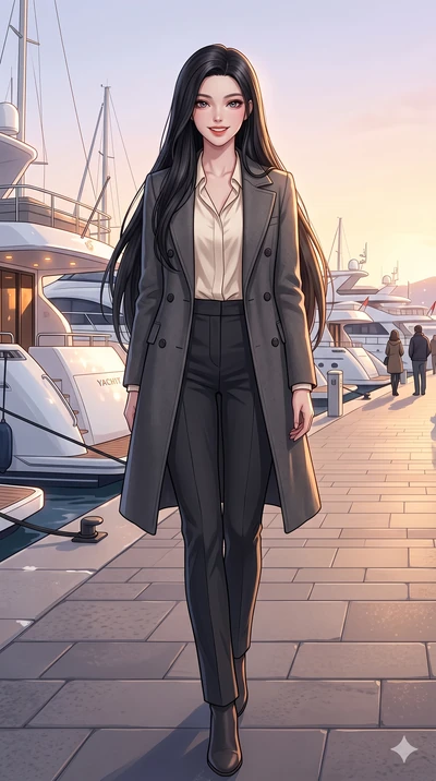 score_9, masterpiece, best quality, ultra-detailed, high-budget anime keyframe, vibrant anime aesthetic, Korean woman. low angle full-body shot from head to toe showing her feet, filling the entire 9:16 vertical frame with her statuesque presence, st