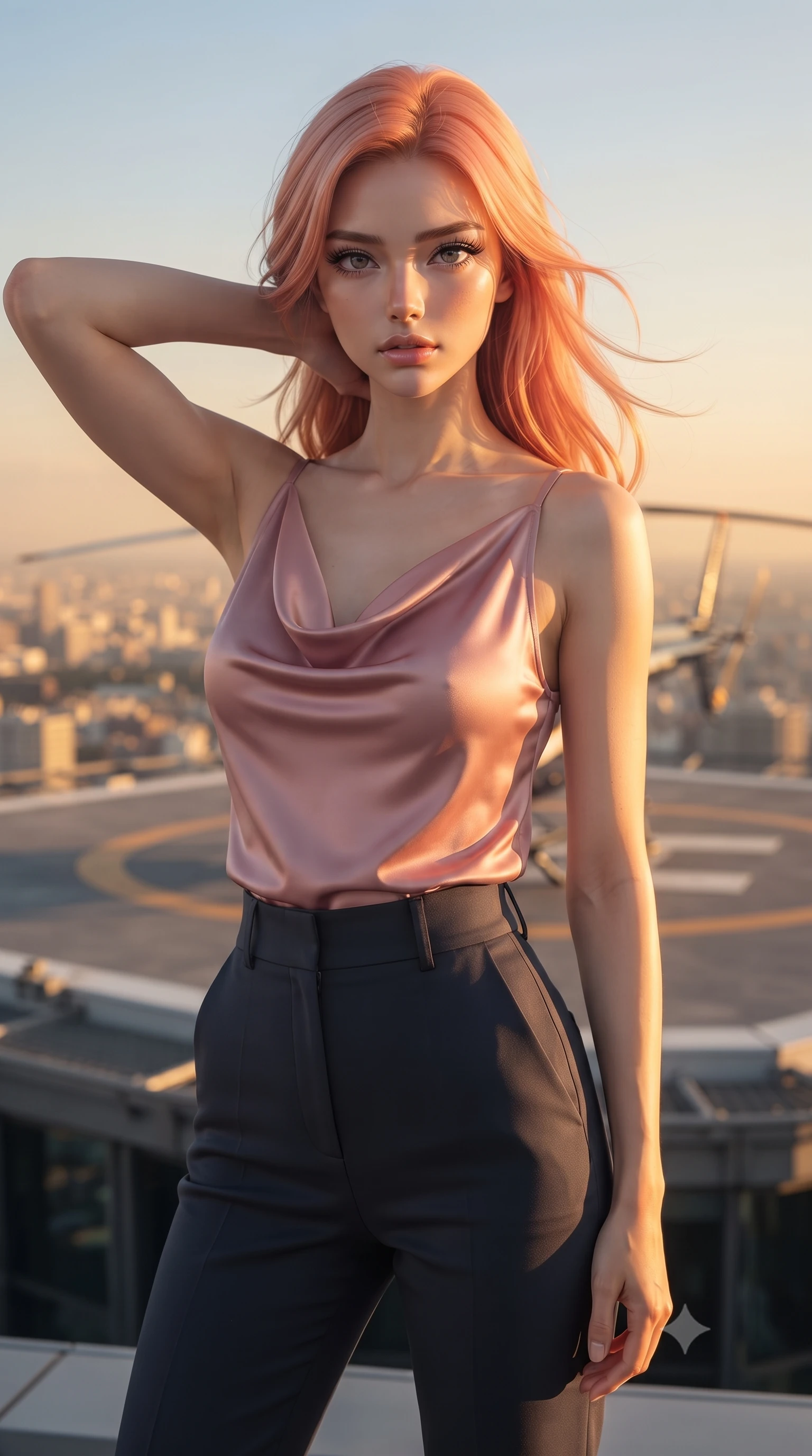 score_9, masterpiece, best quality, ultra-detailed, high-budget anime keyframe, editorial fashion photography, tasteful artistic composition, Japanese woman. close-up cowboy shot from the waist and thighs up, the character dominates the composition, filling the frame with her large presence, background elements kept in soft focus. Placing one hand behind her head with confident body language and a direct stare. set against a soft-focus background of a skyscraper helipad bathed in golden hour light with a helicopter's blades slowly winding down the entire city panorama stretching to the horizon in warm amber tones wind catching hair and fabric. She has an exceptionally elegant and slender, willowy female figure with an ultra-slim waist, a gracefully sculpted slender torso, and a refined slim physique. sharp v-shaped jawline, high-bridge nose, intricate jewel-like eyes with depth, thick eyelashes, glossy lips with a natural sheen. wearing a draped cowl-neck top in dusty pink satin, paired with high-waisted tailored trousers in deep charcoal. perfect golden hour side-lighting with long warm shadows and rich amber tones the low sun creating a cinematic warm glow on everything with cool blue shadows on the opposite side. 2k, ultra detail, master piece, 9:16 ratio