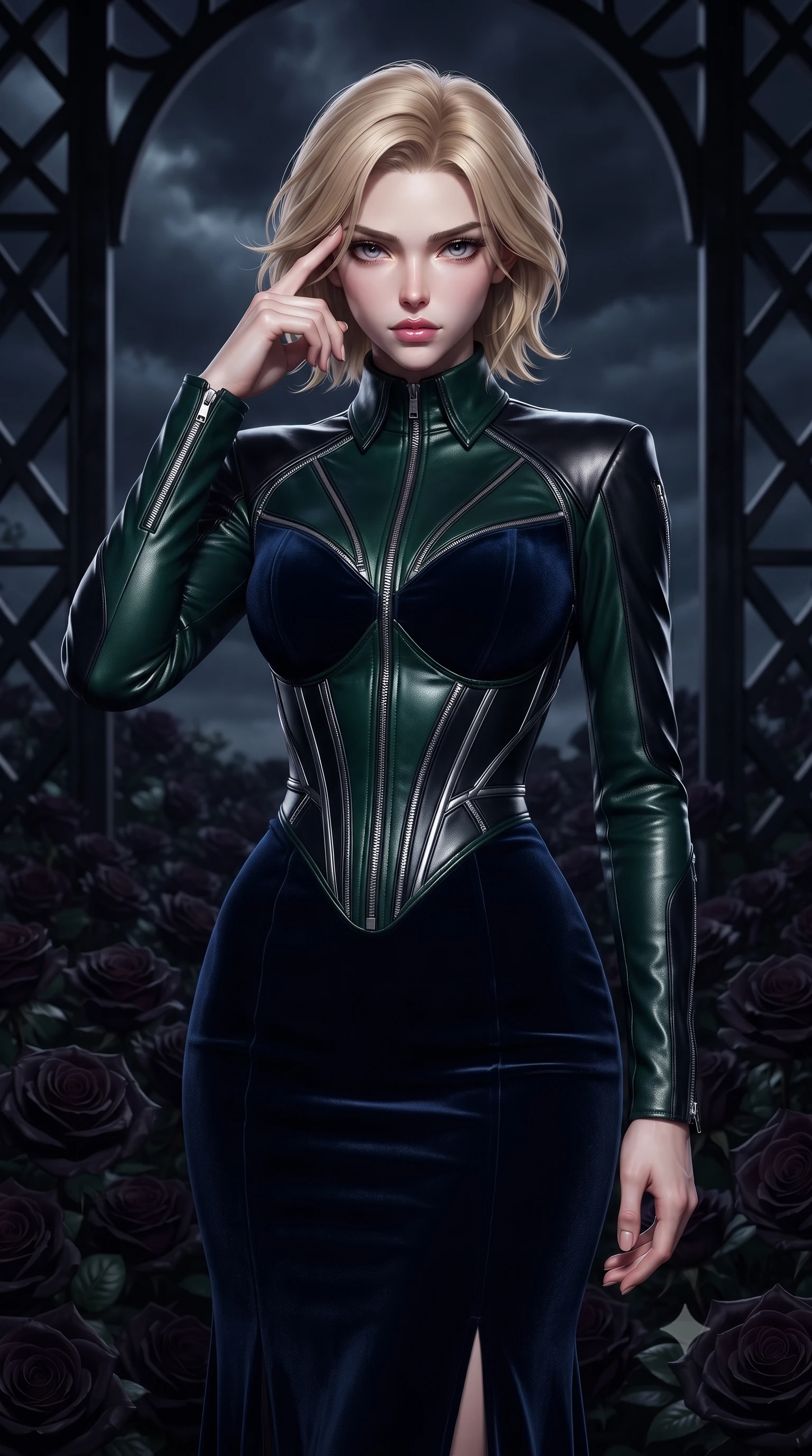 score_9, masterpiece, best quality, ultra-detailed, high-budget anime keyframe, editorial fashion photography, tasteful artistic composition, Caucasian woman. close-up cowboy shot from the waist and thighs up, the character dominates the composition, filling the frame with her large presence, background elements kept in soft focus. Pressing two fingers to her temple in a composed, sharp thoughtful gesture, standing amidst a bed of dark velvet roses under a stormy night sky, dark iron structural lattices framing the stormy background in soft focus. She has an exceptionally elegant, slender, and willowy female figure with an ultra-slim waist, a gracefully sculpted slender torso, and a refined silhouette. sharp v-shaped jawline, high-bridge nose, intricate jewel-like eyes with depth, thick eyelashes, glossy lips with a natural sheen. wearing floor-length high-neck midnight navy velvet gown with long sleeves in deep emerald green, made of polished black leather, finished with metallic silver boning and sleek zipper points, accentuating her gracefully sculpted slender torso. surrounded by dramatic gothic chiaroscuro with sharp silver rim lights. highly saturated vibrant anime colors, detailed shading with soft gradients, rich glossy textures, high-contrast stereoscopic depth, volumetric dynamic lighting, master piece, 9:16 ratio