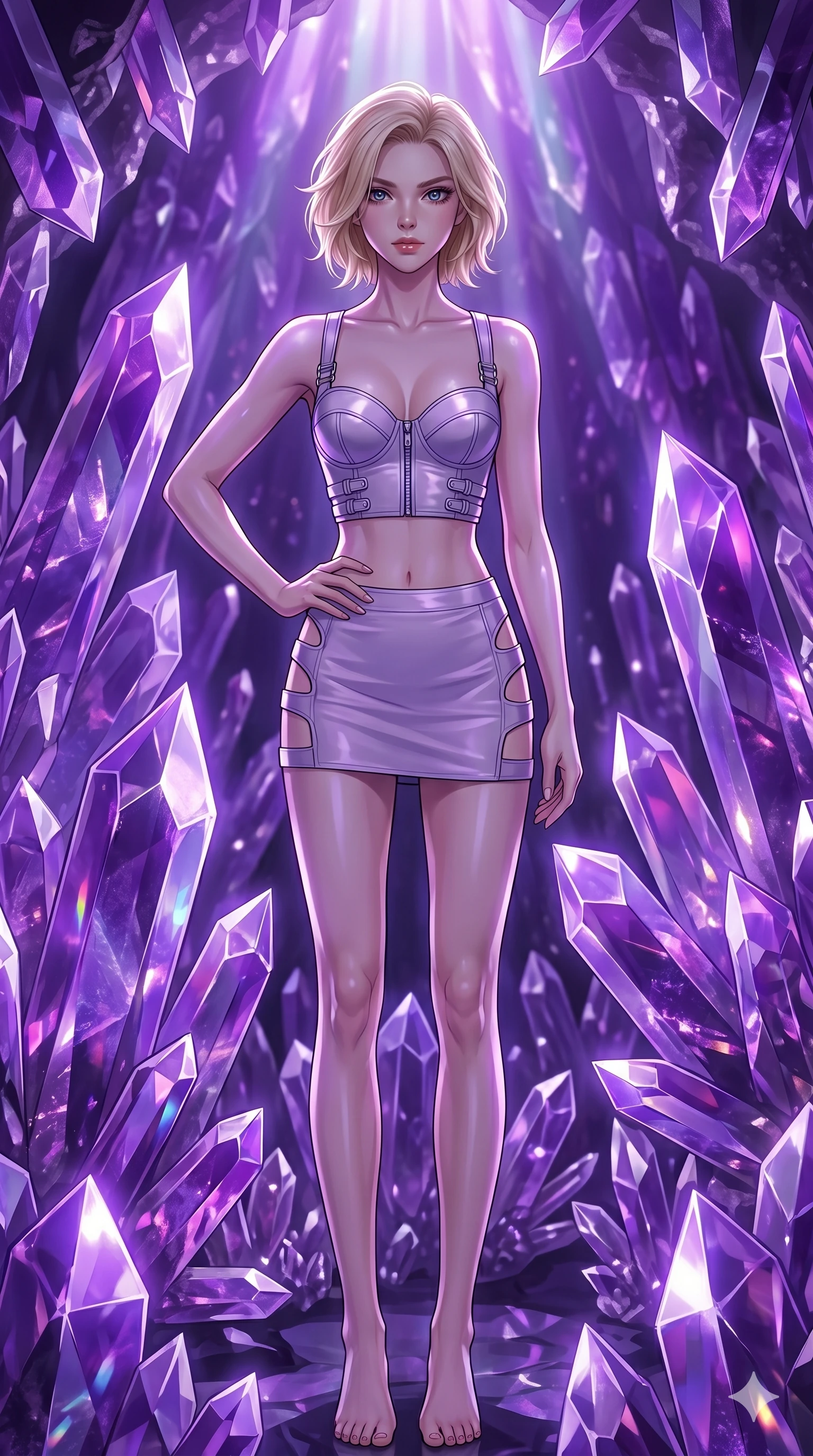 score_9, masterpiece, best quality, ultra-detailed, high-budget anime keyframe, editorial fashion photography, tasteful artistic composition, Caucasian woman, strictly human ears. cowboy shot from the thighs up, character and outfit filling the frame for maximum editorial presence. holding a confident power pose with one hand on her hip, looking directly into the camera with quiet self-assurance inside a luminous geode cavern filled with giant violet crystal spires (Code-P16-001). She has an absolutely perfect 8-heads proportion, an exceptionally tall and slender female figure with impossibly long slender legs and an ultra-slim waist. V-shaped jawline, high-bridge nose, intricate jewel-like eyes with depth, thick eyelashes, glossy lips with a natural sheen. wearing a structured crop bustier with chrome hardware and a matching micro-length skirt with side cuts. illuminated by a shifting purple aurora palette from above, casting sharp specular highlights on her silhouette. 2k, ultra detail, master piece, 9:16 ratio